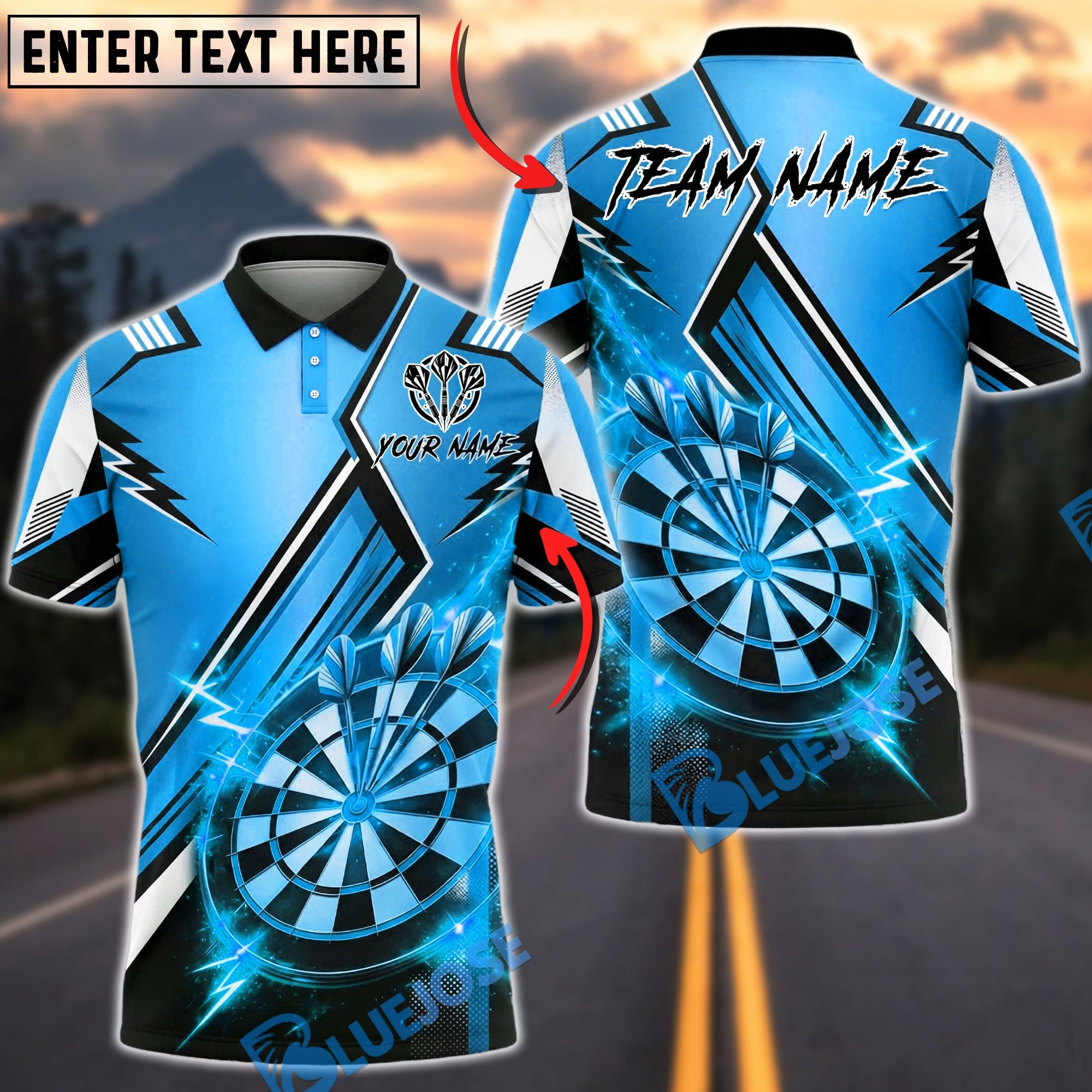 BlueJose Darts Lightning Strike Dartboard Luxury Sport Design Personalized Name, Team Name Unisex Shirt (6 Colors)
