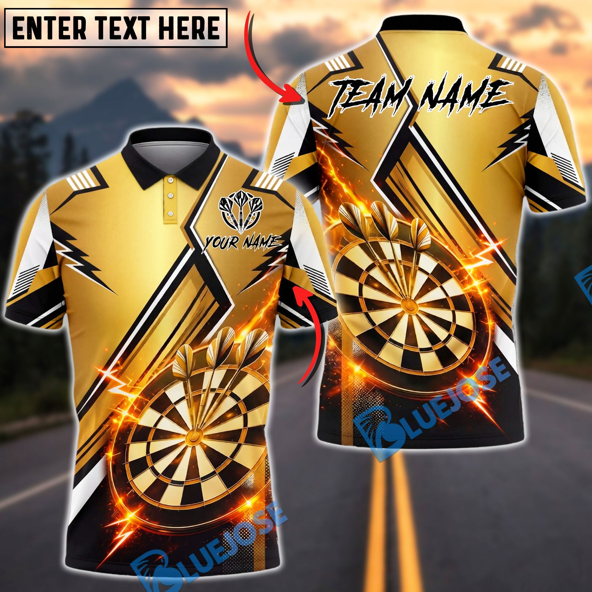 BlueJose Darts Lightning Strike Dartboard Luxury Sport Design Personalized Name, Team Name Unisex Shirt (6 Colors)