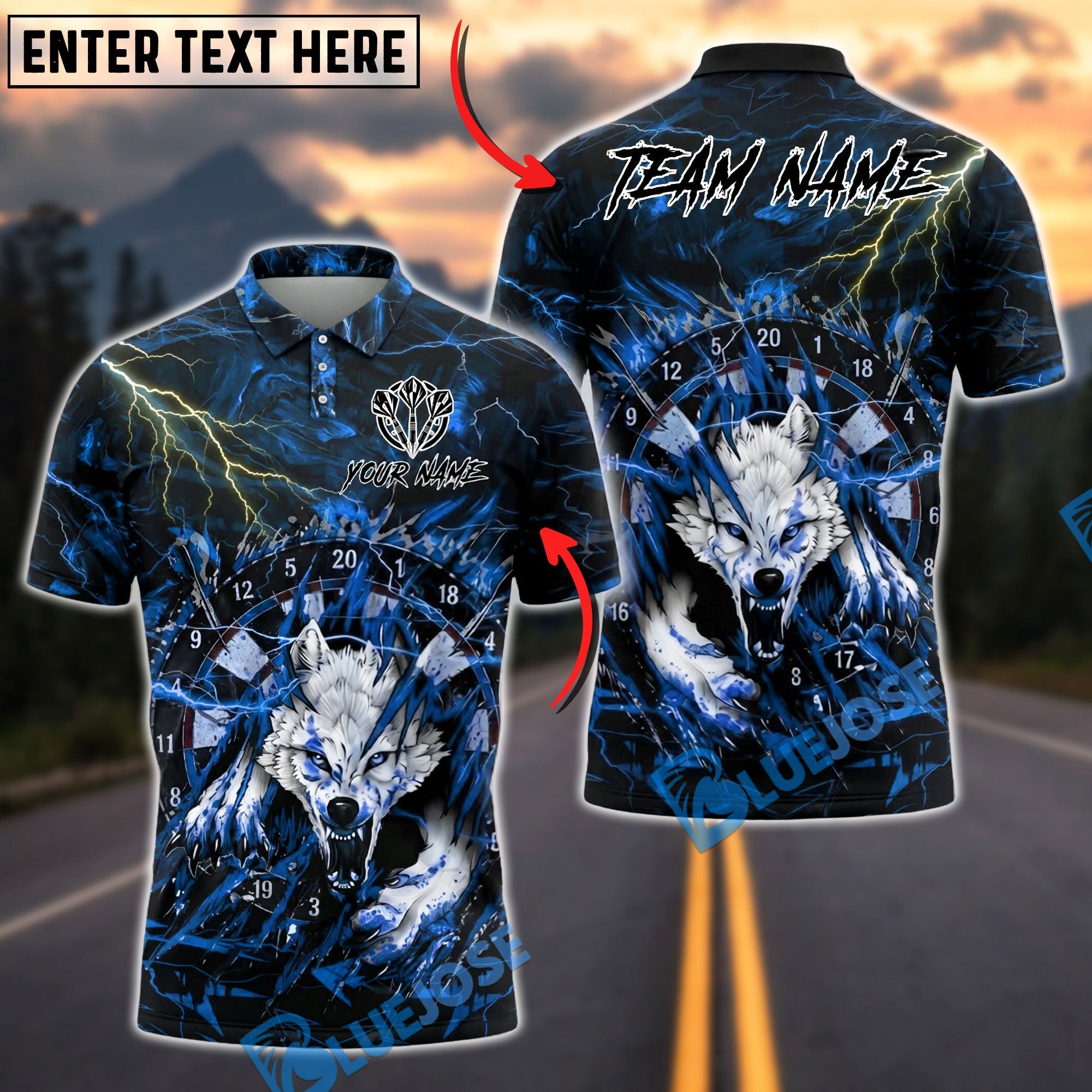 BlueJose Darts Wolf Attack Lightning Dartboard Aggressive Graphic Personalized Name, Team Name Unisex Shirt (4 Colors)