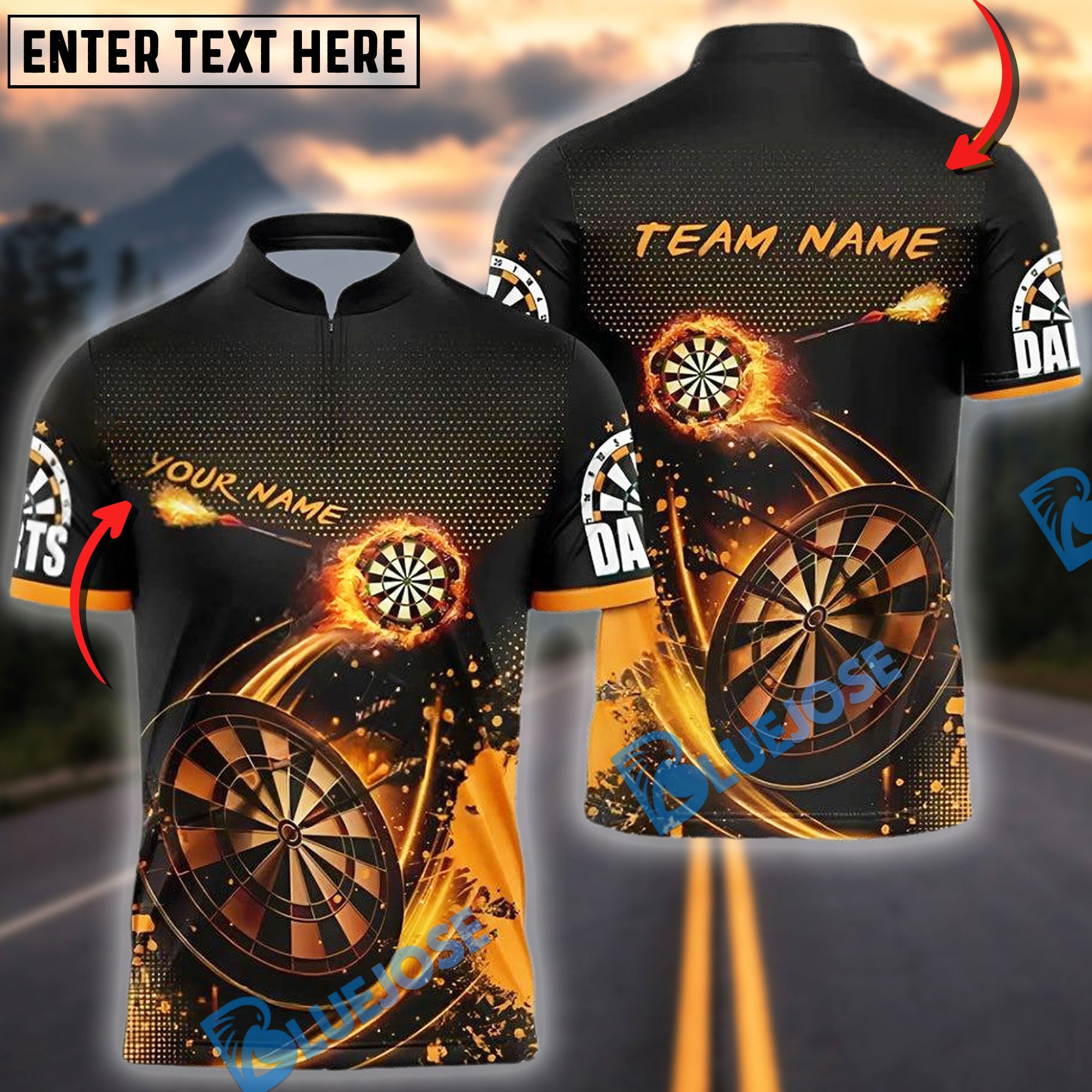 BlueJose Darts Flaming Personalized Name, Team Name Shirt (6 Colors)