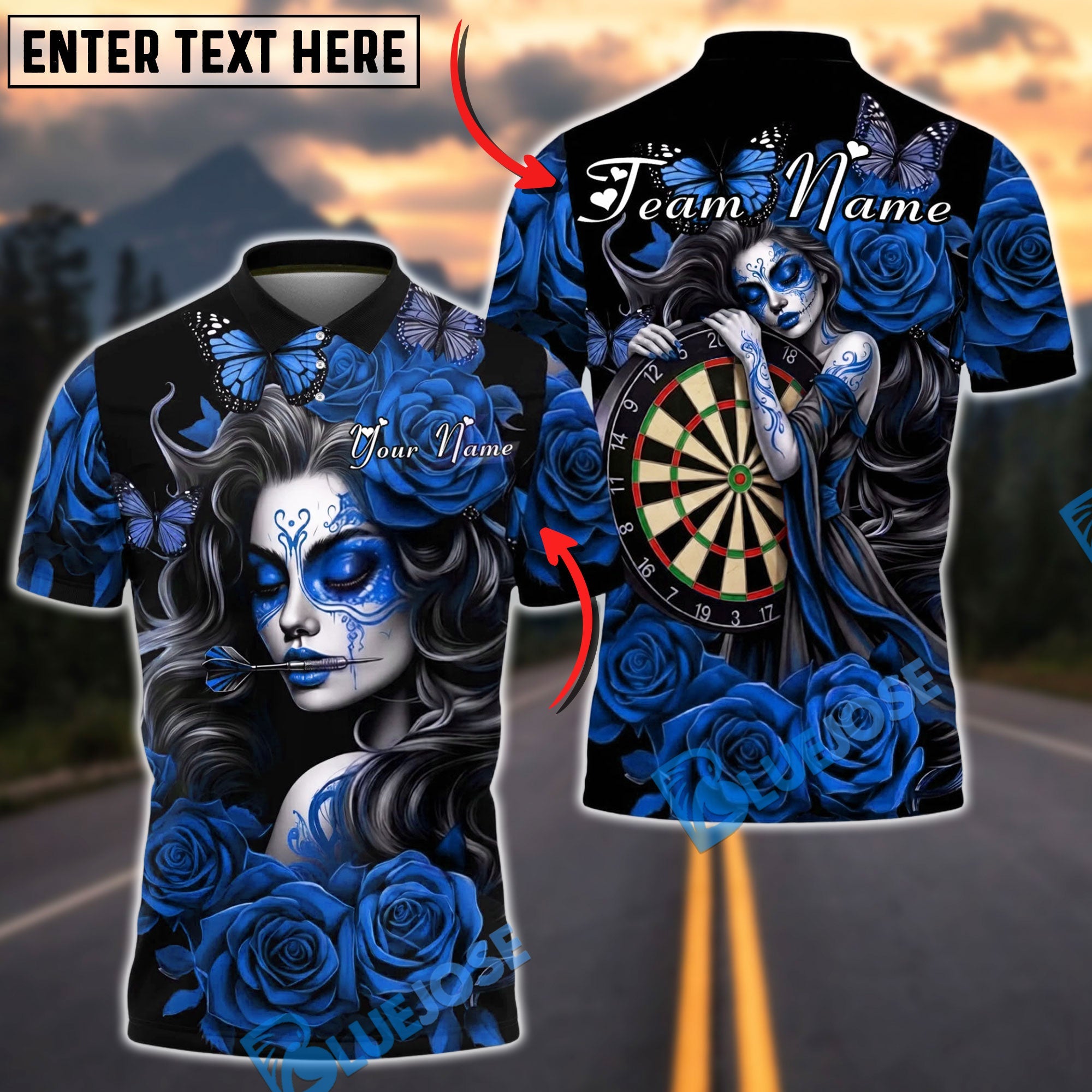 BlueJose Darts Gothic Girl Roses Dark Art Personalized Name, Team Name Unisex Shirt (4 Colors)