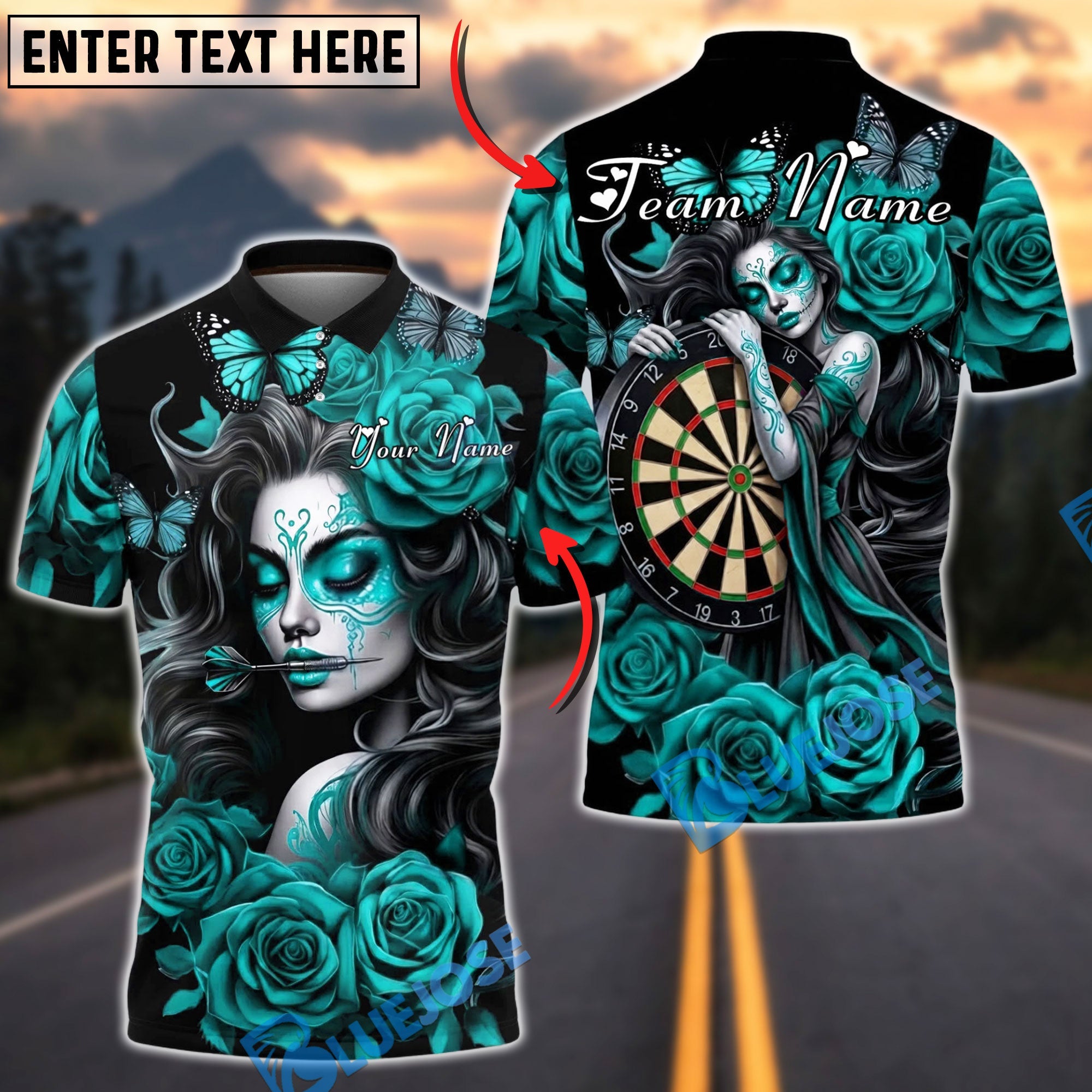 BlueJose Darts Gothic Girl Roses Dark Art Personalized Name, Team Name Unisex Shirt (4 Colors)