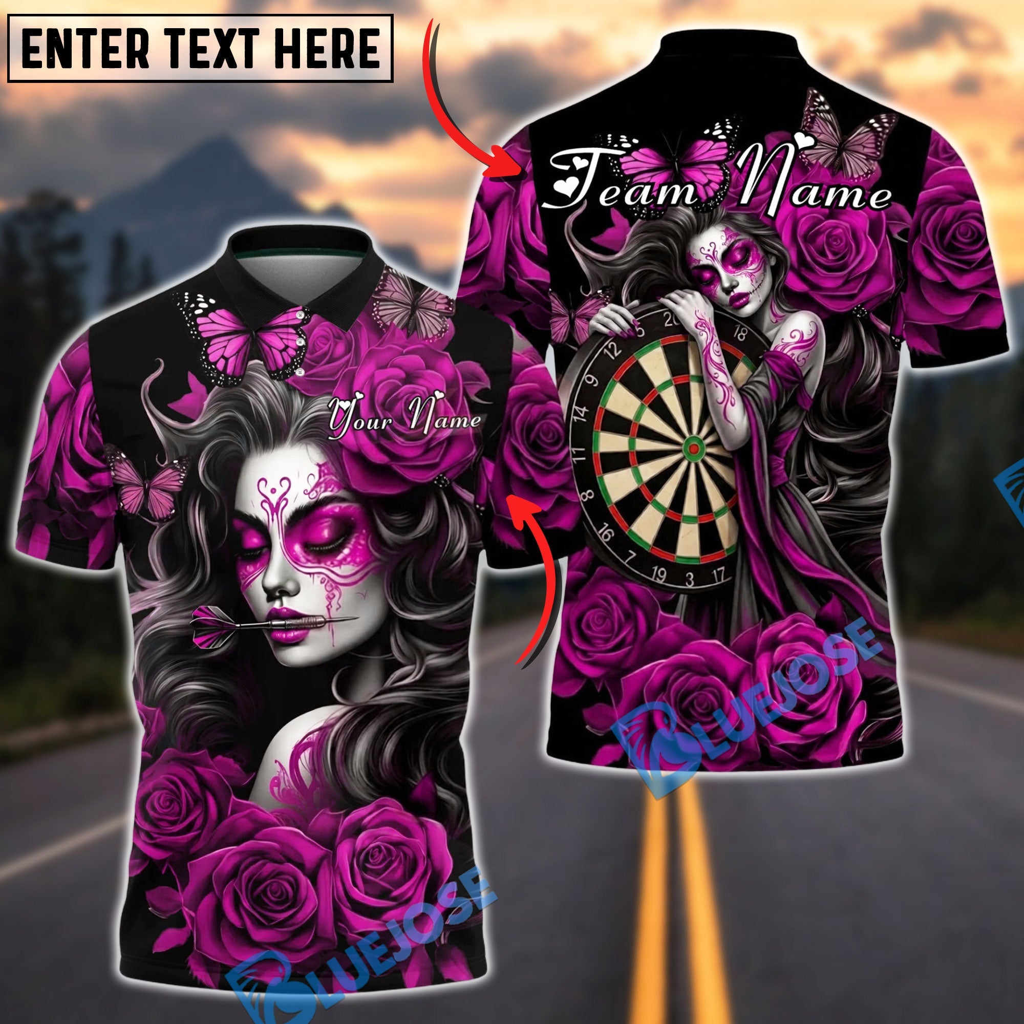 BlueJose Darts Gothic Girl Roses Dark Art Personalized Name, Team Name Unisex Shirt (4 Colors)