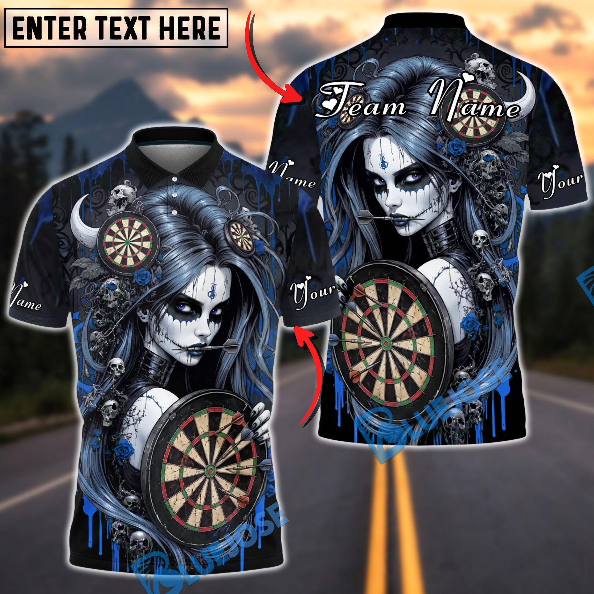 BlueJose Darts Horror Skull Girl Bloody Gothic Style Personalized Name, Team Name Unisex Shirt (4 Colors)