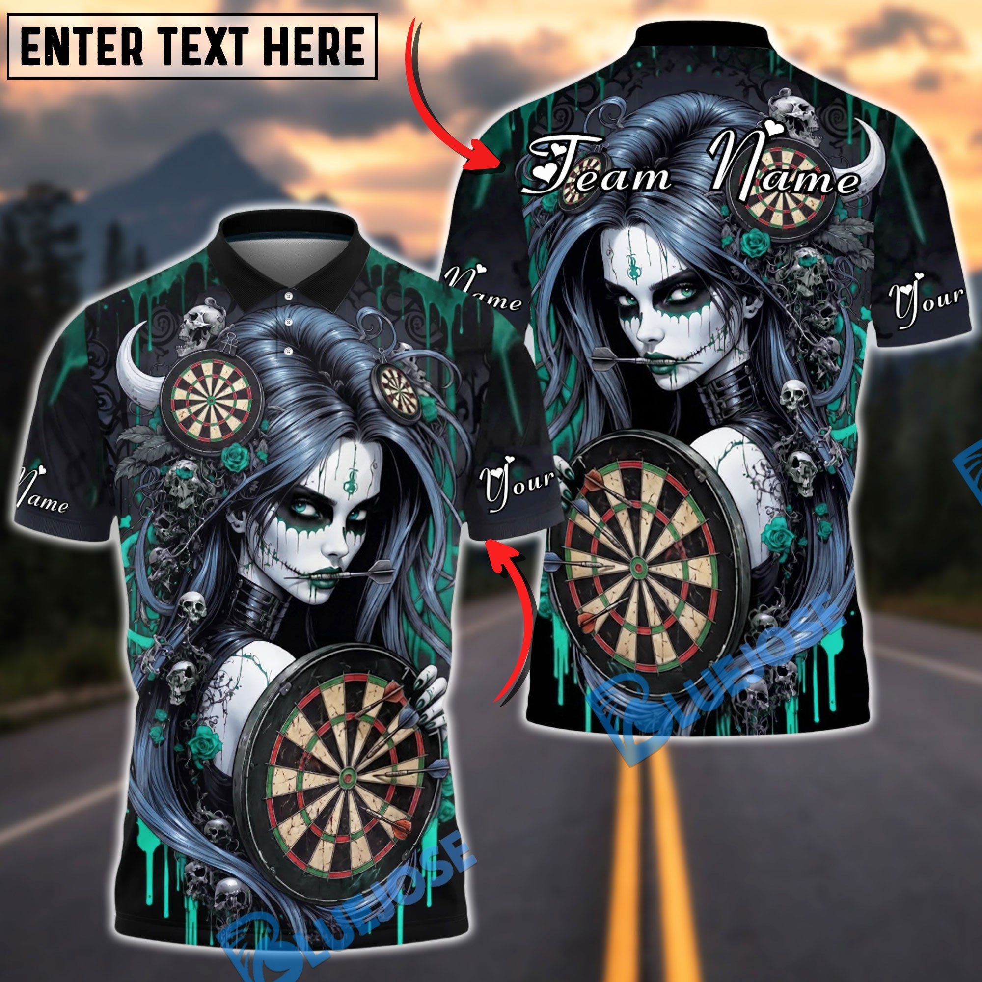 BlueJose Darts Horror Skull Girl Bloody Gothic Style Personalized Name, Team Name Unisex Shirt (4 Colors)
