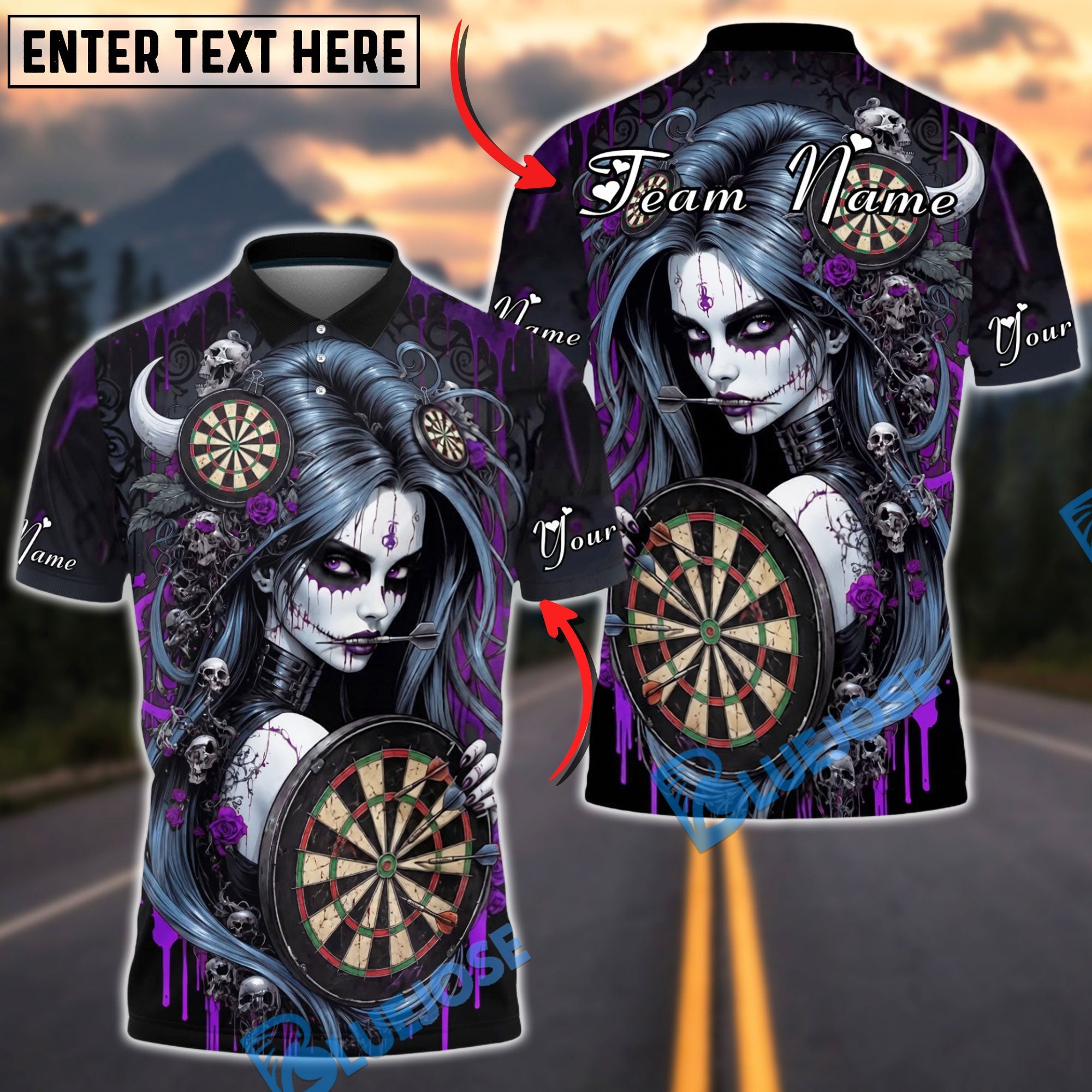BlueJose Darts Horror Skull Girl Bloody Gothic Style Personalized Name, Team Name Unisex Shirt (4 Colors)