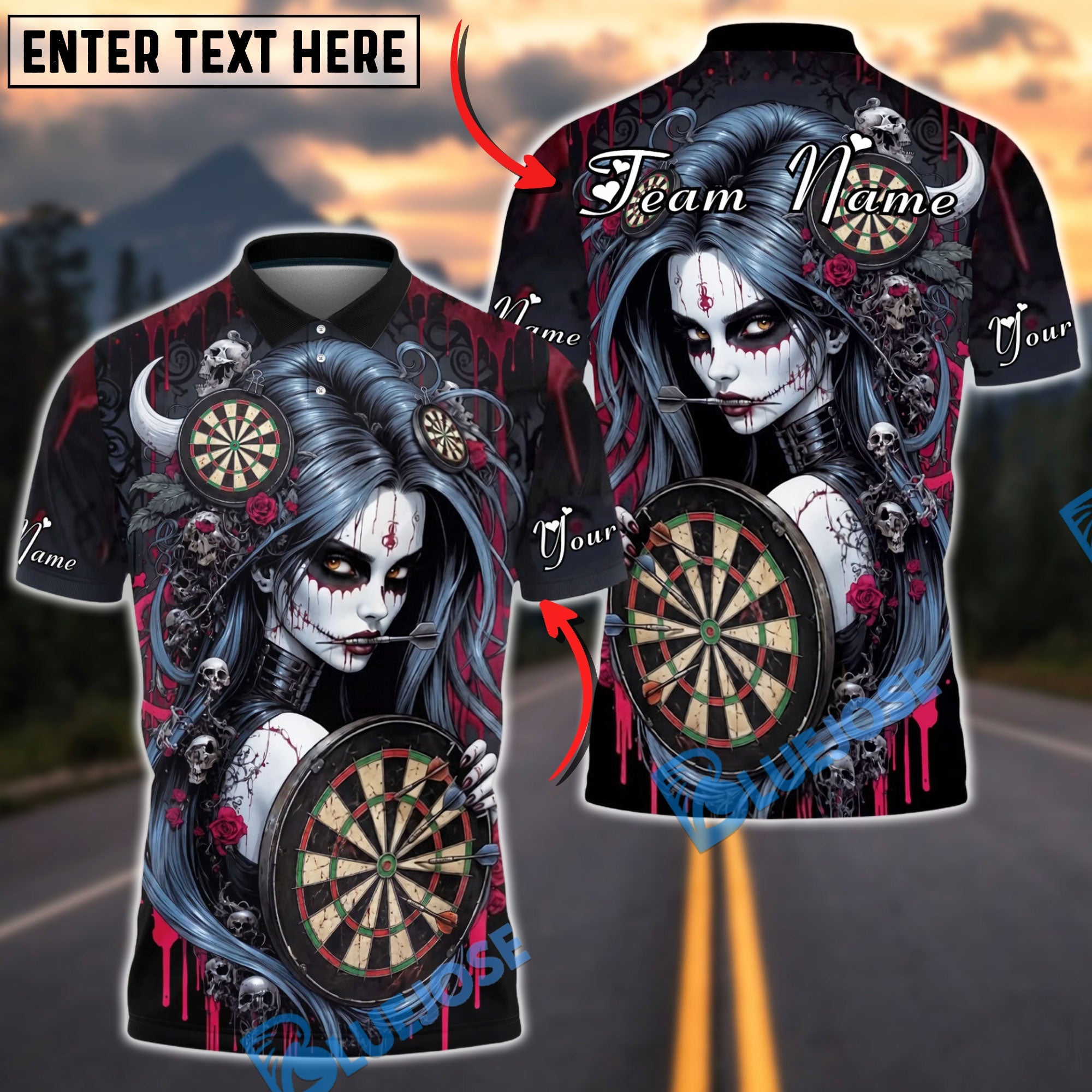 BlueJose Darts Horror Skull Girl Bloody Gothic Style Personalized Name, Team Name Unisex Shirt (4 Colors)