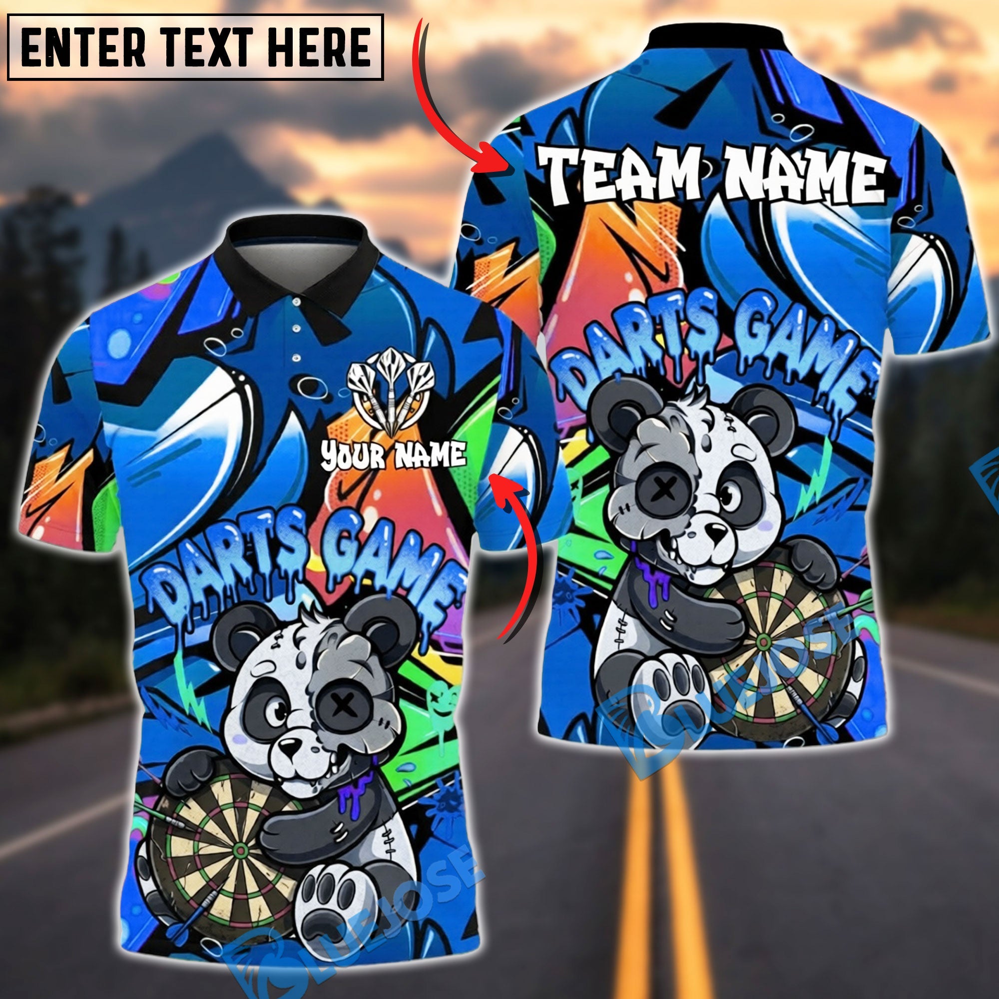 BlueJose Darts Graffiti Panda Cartoon Street Style Personalized Name, Team Name Unisex Shirt (4 Colors)