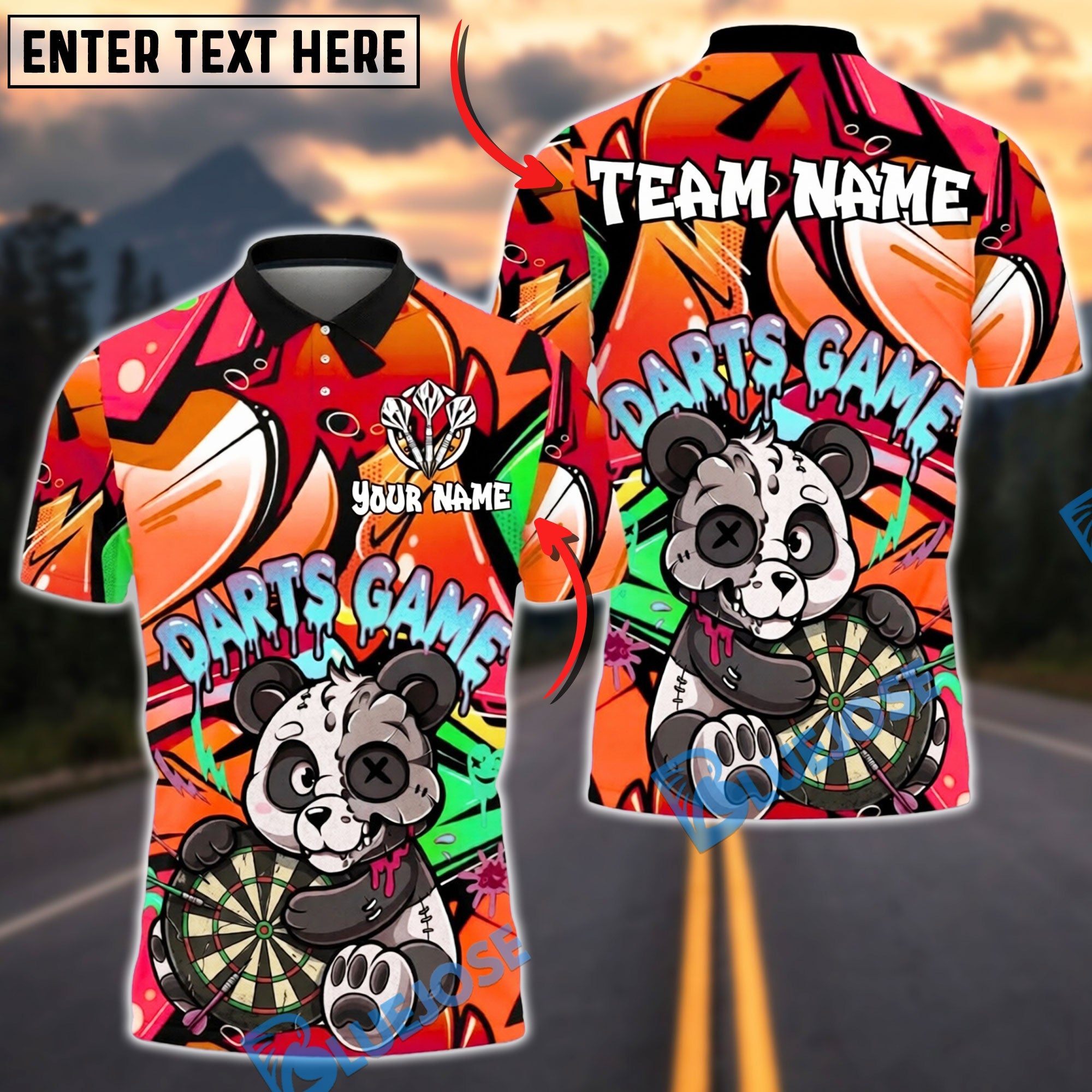 BlueJose Darts Graffiti Panda Cartoon Street Style Personalized Name, Team Name Unisex Shirt (4 Colors)