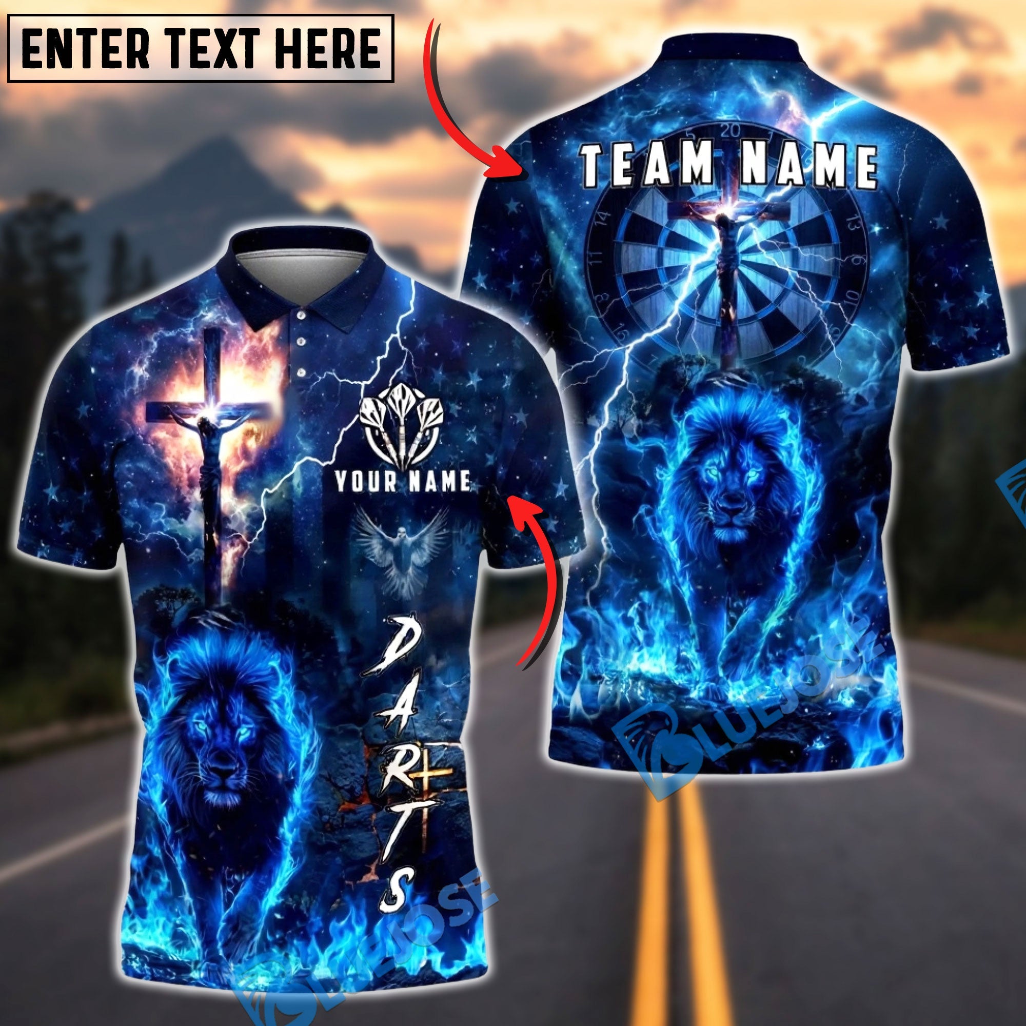 BlueJose Darts Christian Lion of Judah Dart Player Lightning Faith Multicolor Options Personalized Name Shirt (4 Colors)
