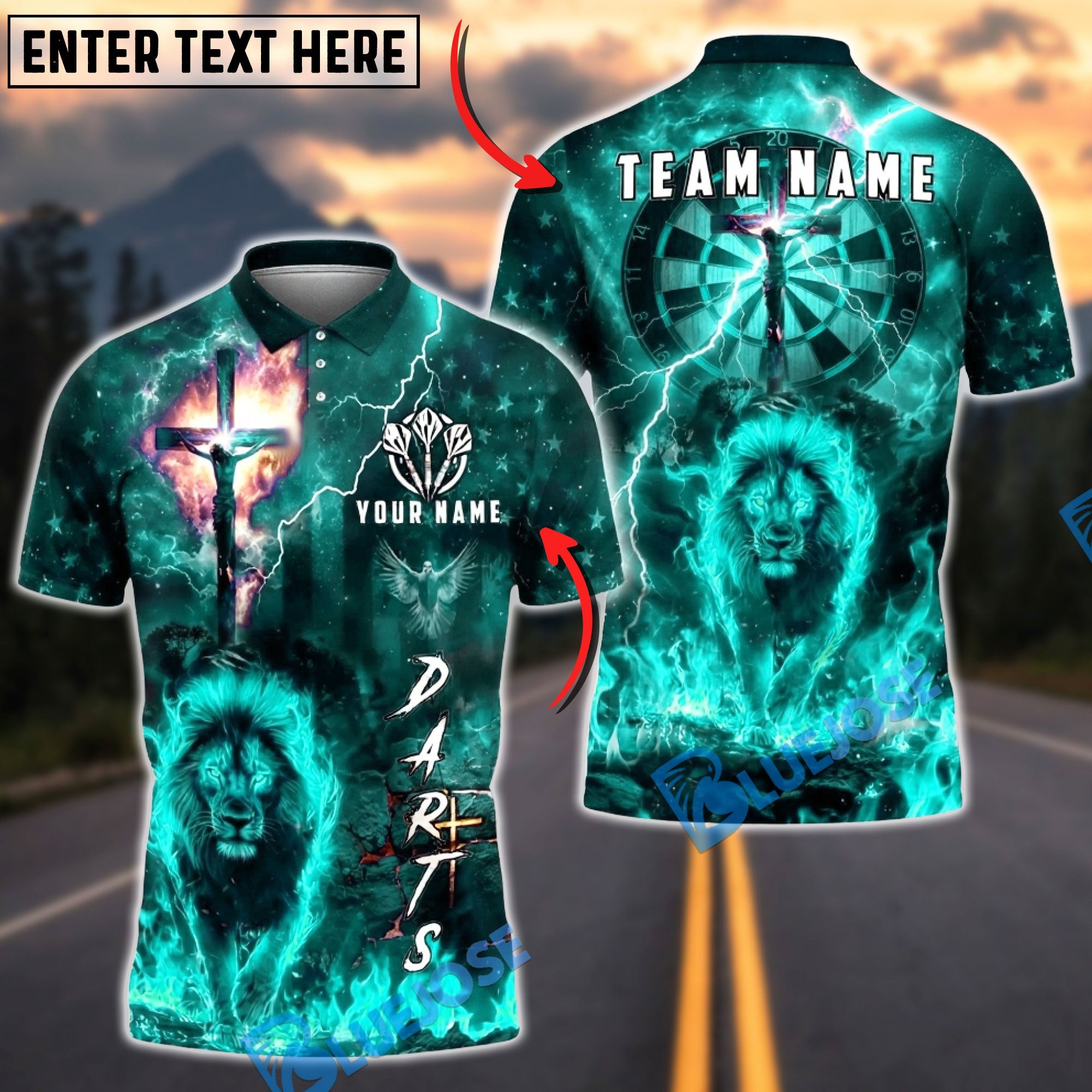 BlueJose Darts Christian Lion of Judah Dart Player Lightning Faith Multicolor Options Personalized Name Shirt (4 Colors)
