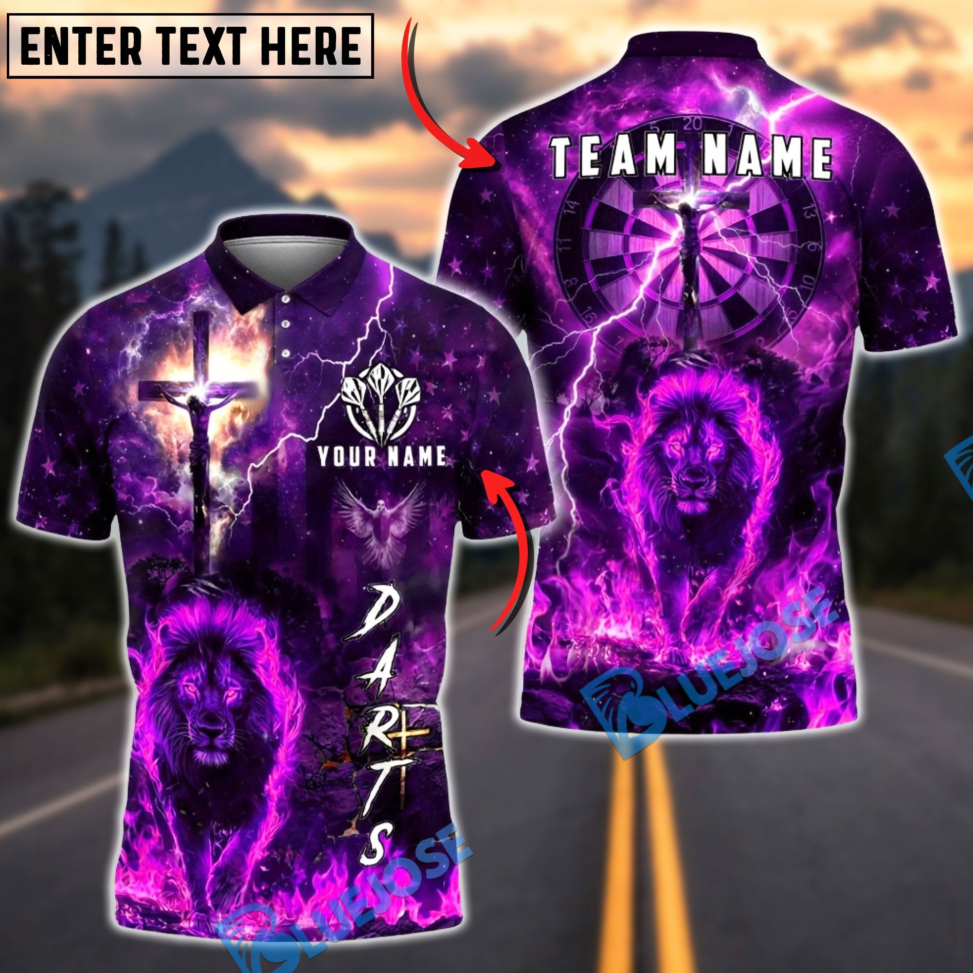 BlueJose Darts Christian Lion of Judah Dart Player Lightning Faith Multicolor Options Personalized Name Shirt (4 Colors)