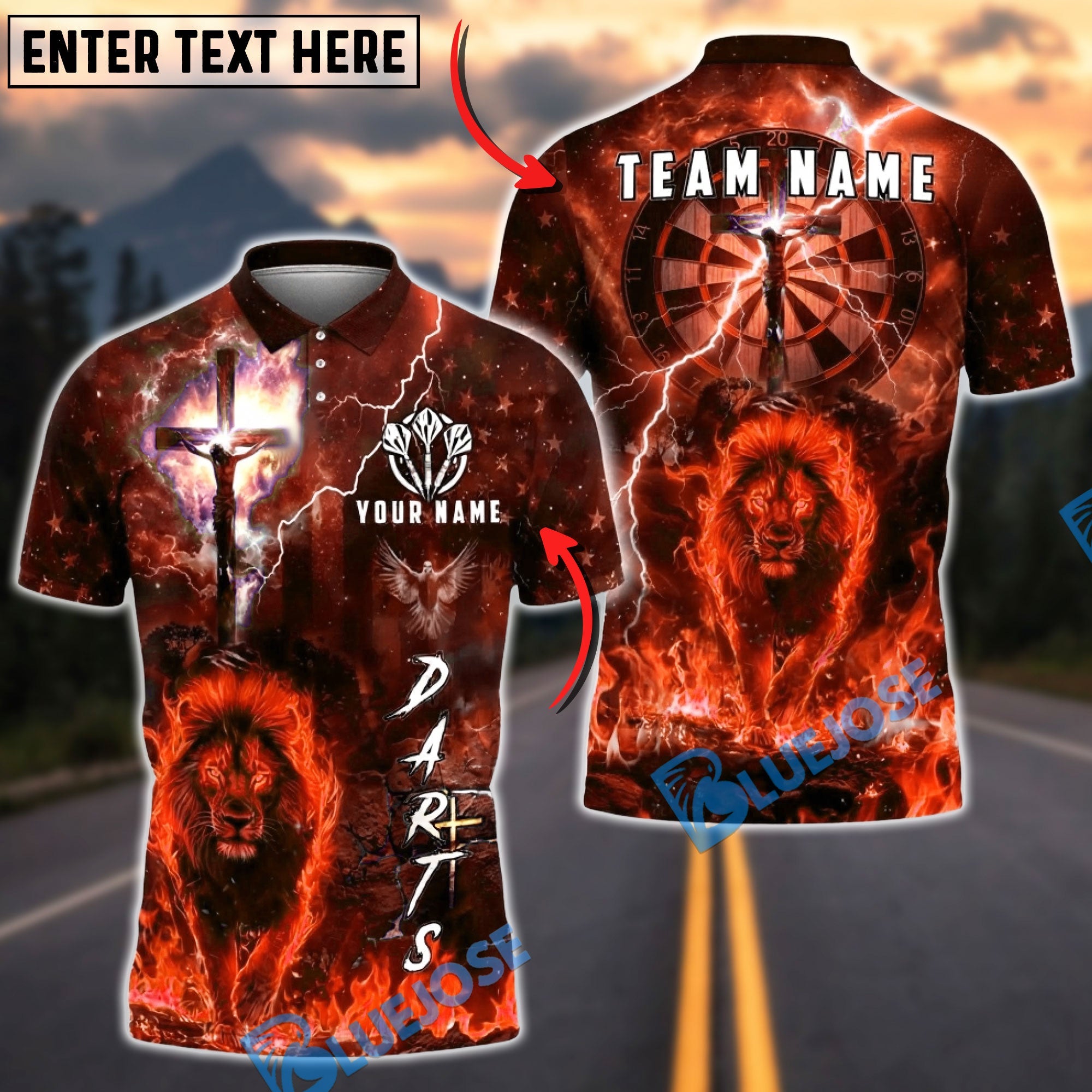 BlueJose Darts Christian Lion of Judah Dart Player Lightning Faith Multicolor Options Personalized Name Shirt (4 Colors)