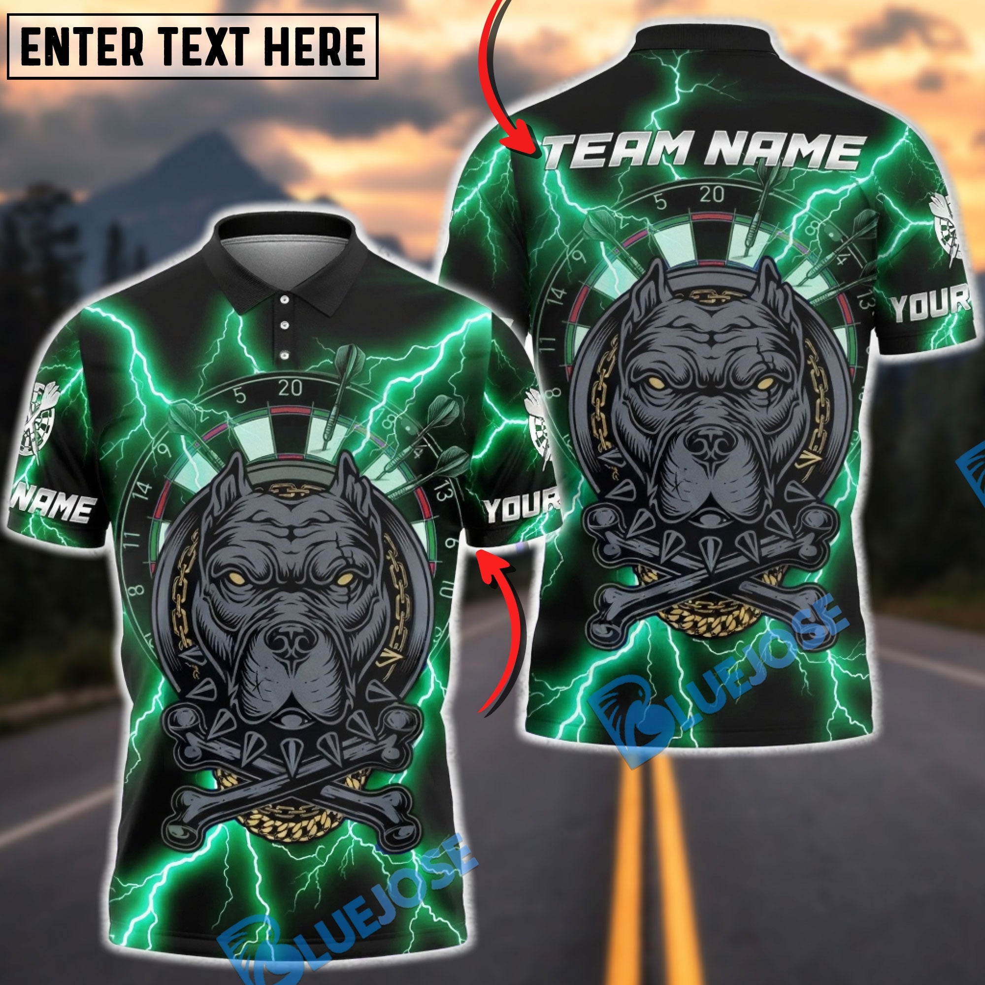 BlueJose Darts Pitbull Dartboard Lightning Storm Skull Chain Multicolor Options Personalized Name Shirt (4 Colors)