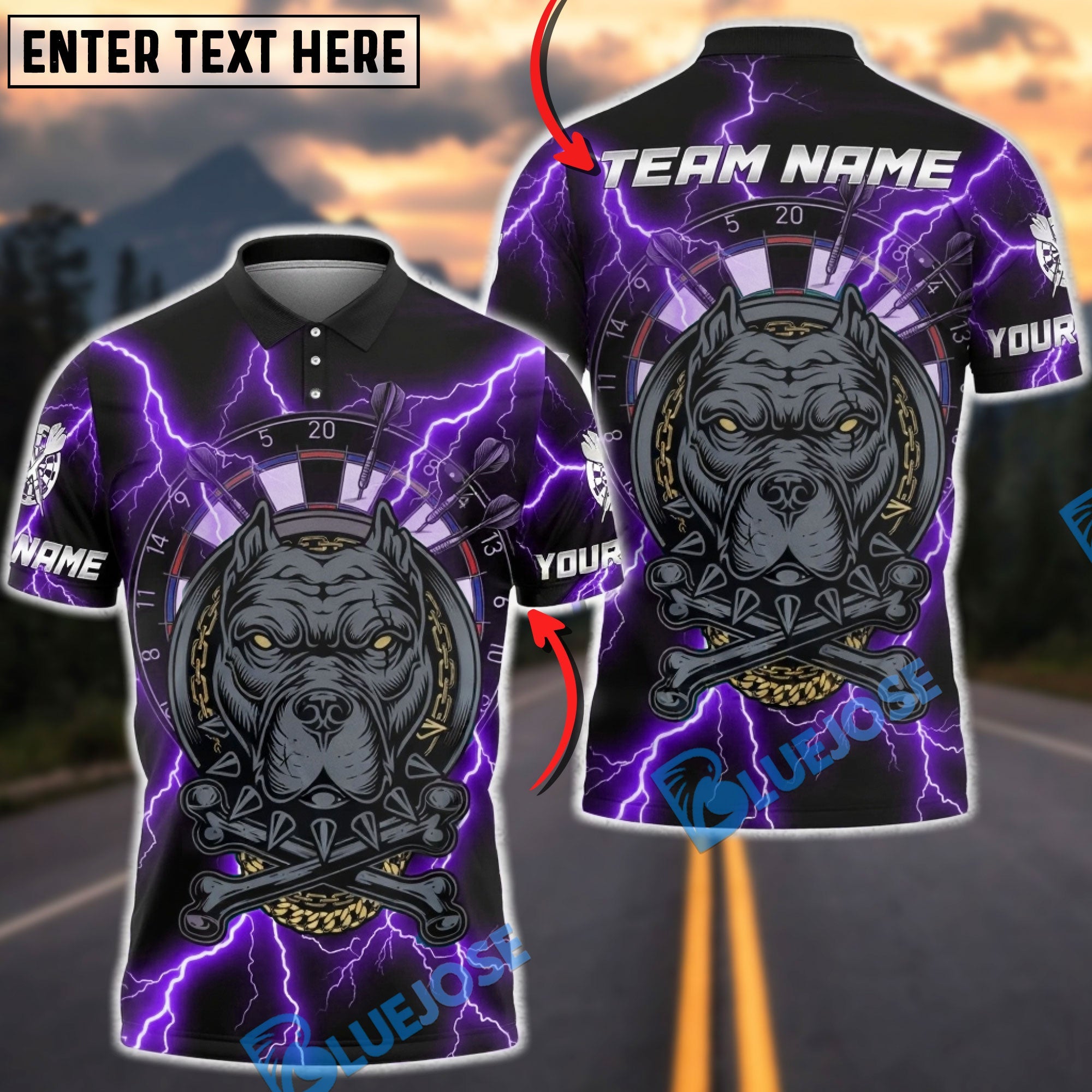 BlueJose Darts Pitbull Dartboard Lightning Storm Skull Chain Multicolor Options Personalized Name Shirt (4 Colors)