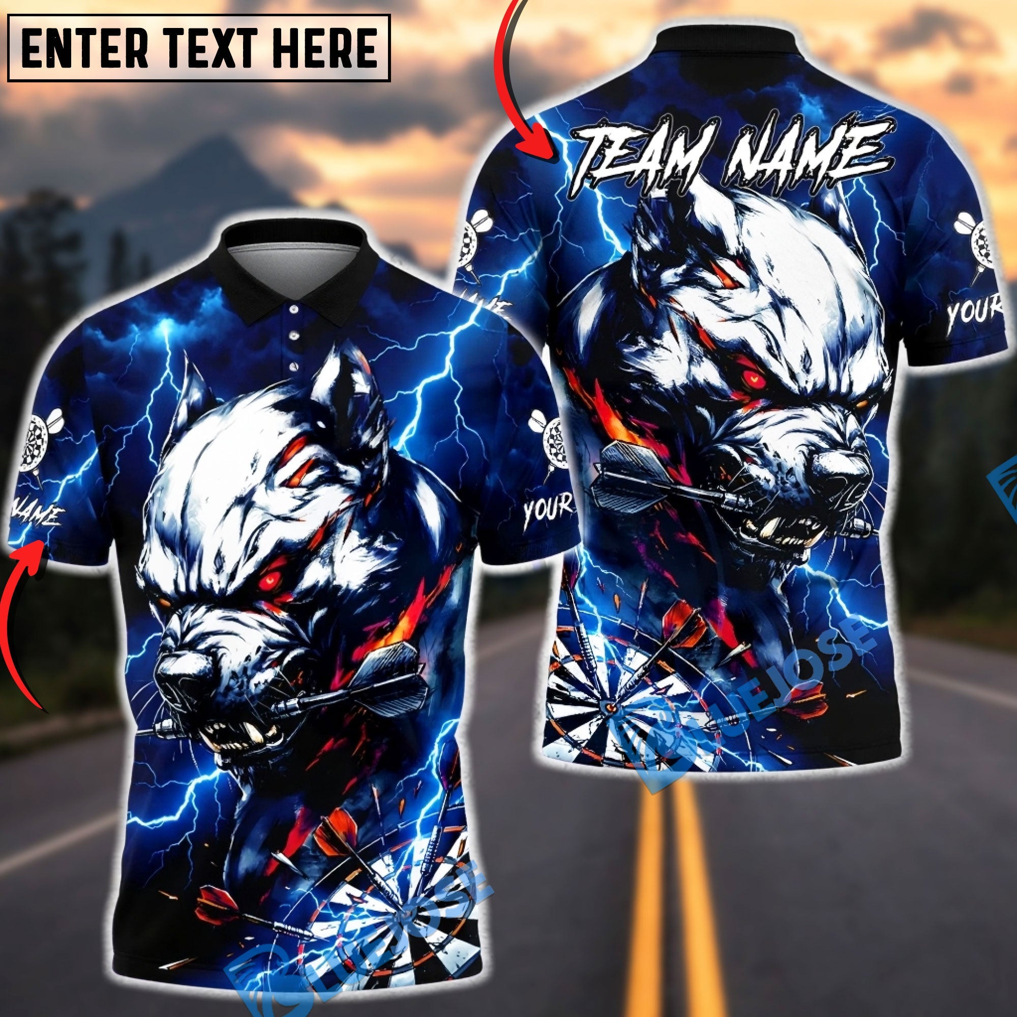 BlueJose Darts Pitbull Lightning Fury Dark Art Multicolor Options Personalized Name Shirt (4 Colors)