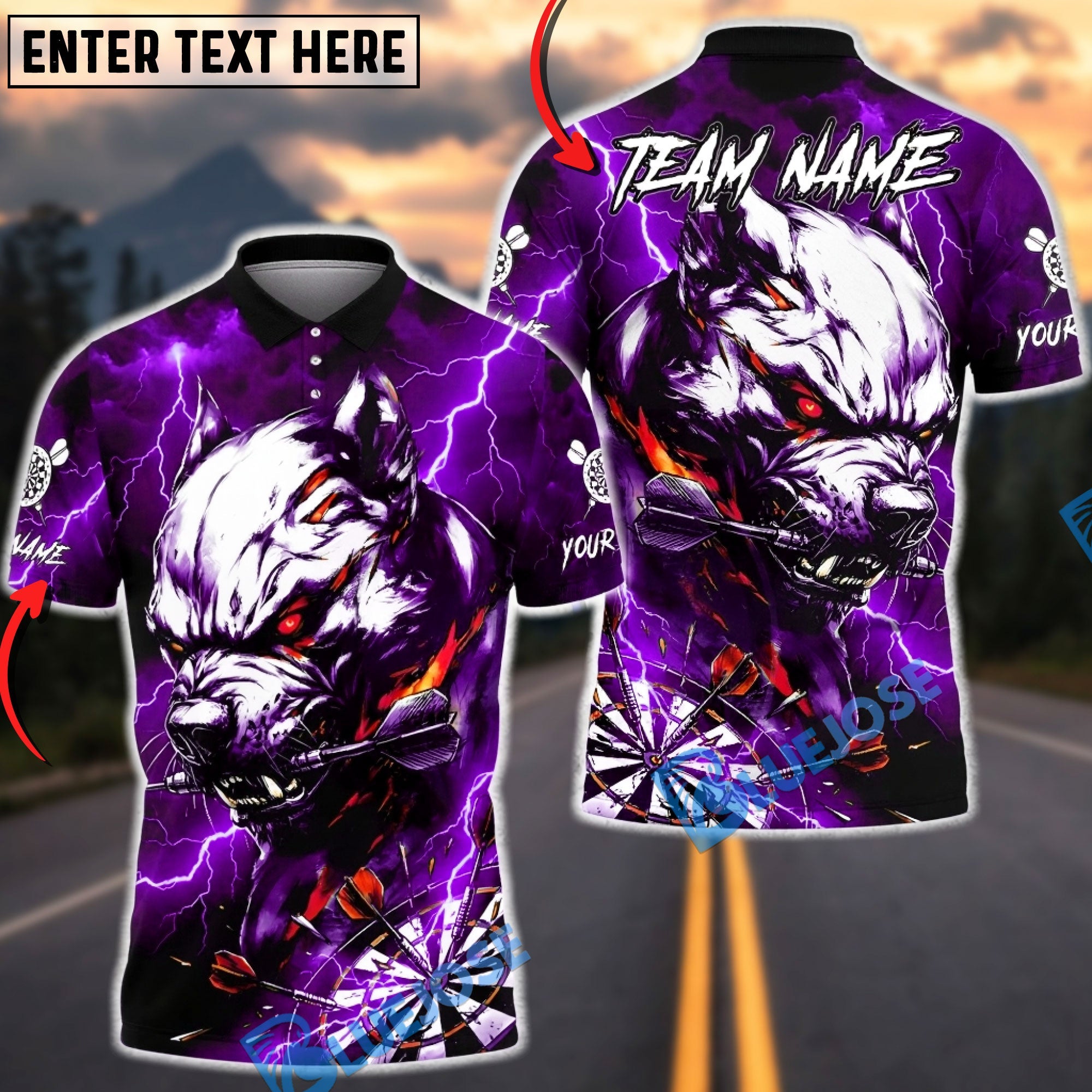 BlueJose Darts Pitbull Lightning Fury Dark Art Multicolor Options Personalized Name Shirt (4 Colors)