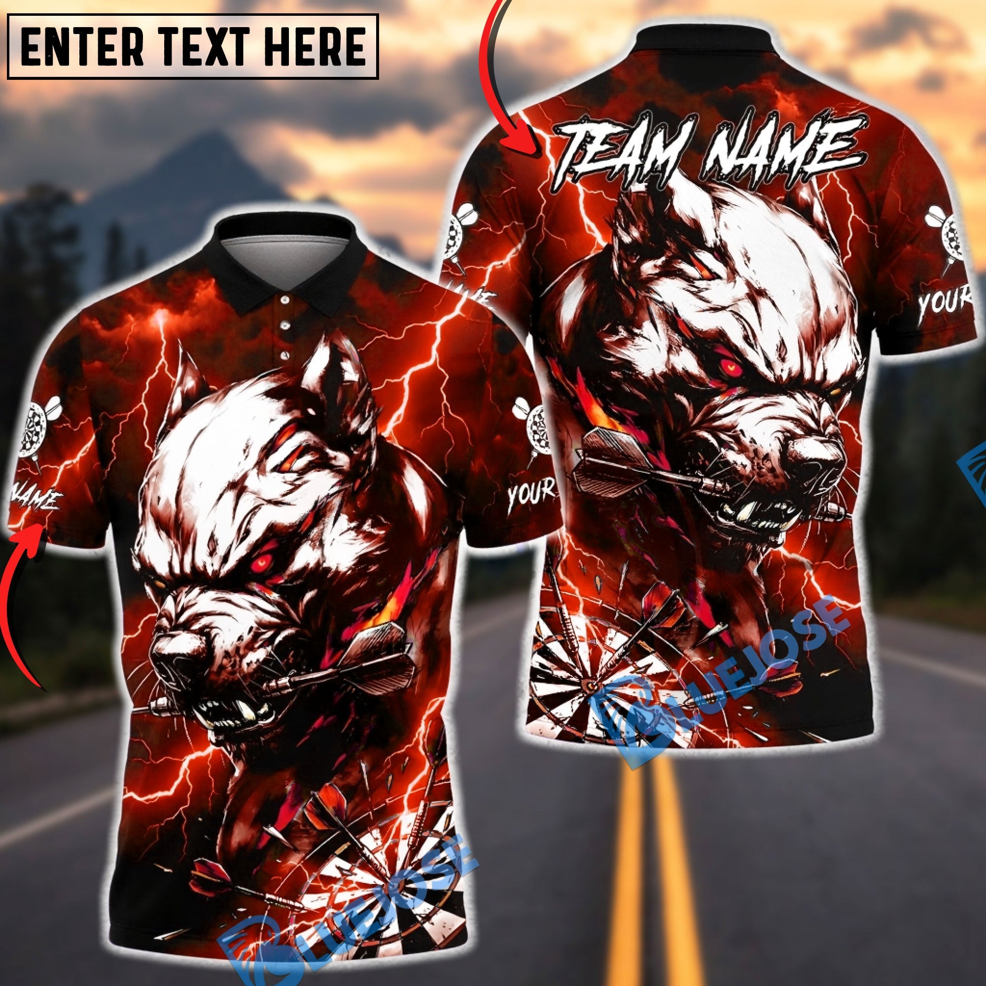 BlueJose Darts Pitbull Lightning Fury Dark Art Multicolor Options Personalized Name Shirt (4 Colors)