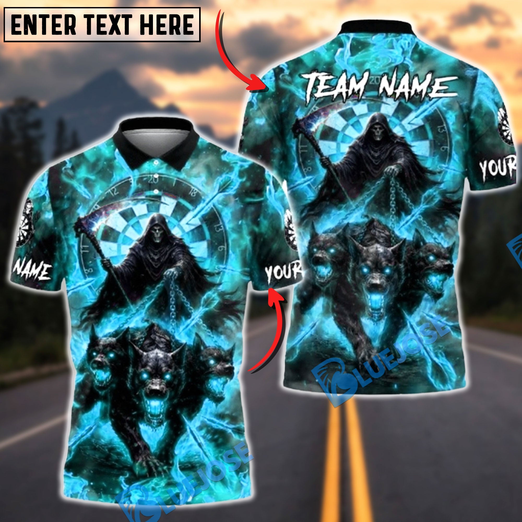 BlueJose Darts Grim Reaper Dartboard Hell Hound Fire Multicolor Options Personalized Name Shirt (4 Colors)
