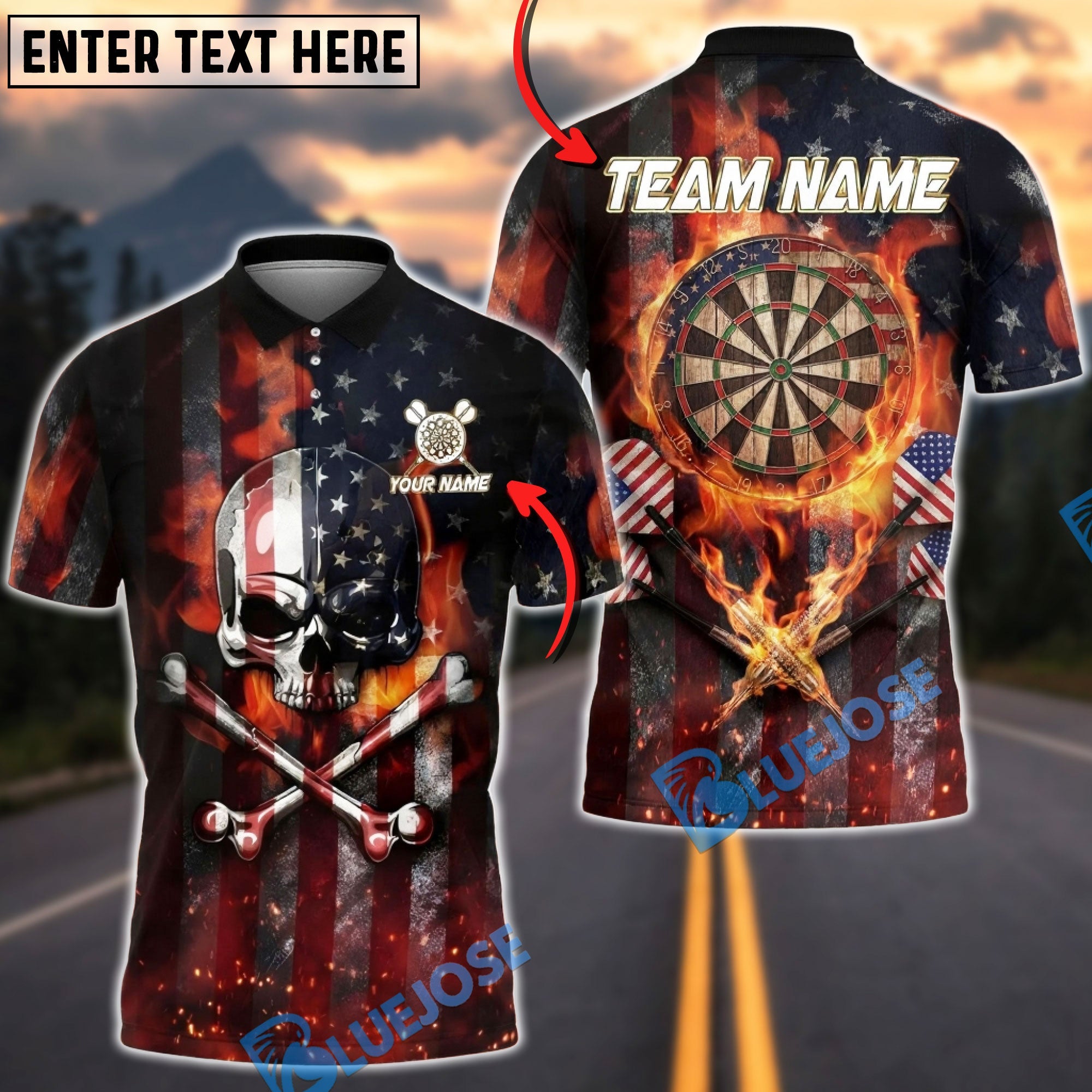 BlueJose Darts American Flag Fire Skull Graphic Dartboard Personalized Name Shirt