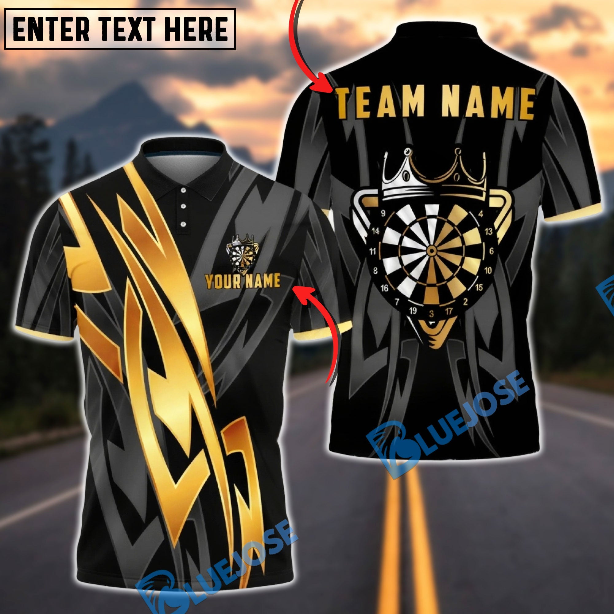BlueJose Darts Dartboard Crown Gold Luxury Geometric Personalized Name, Team Name Unisex Shirt (6 Colors)
