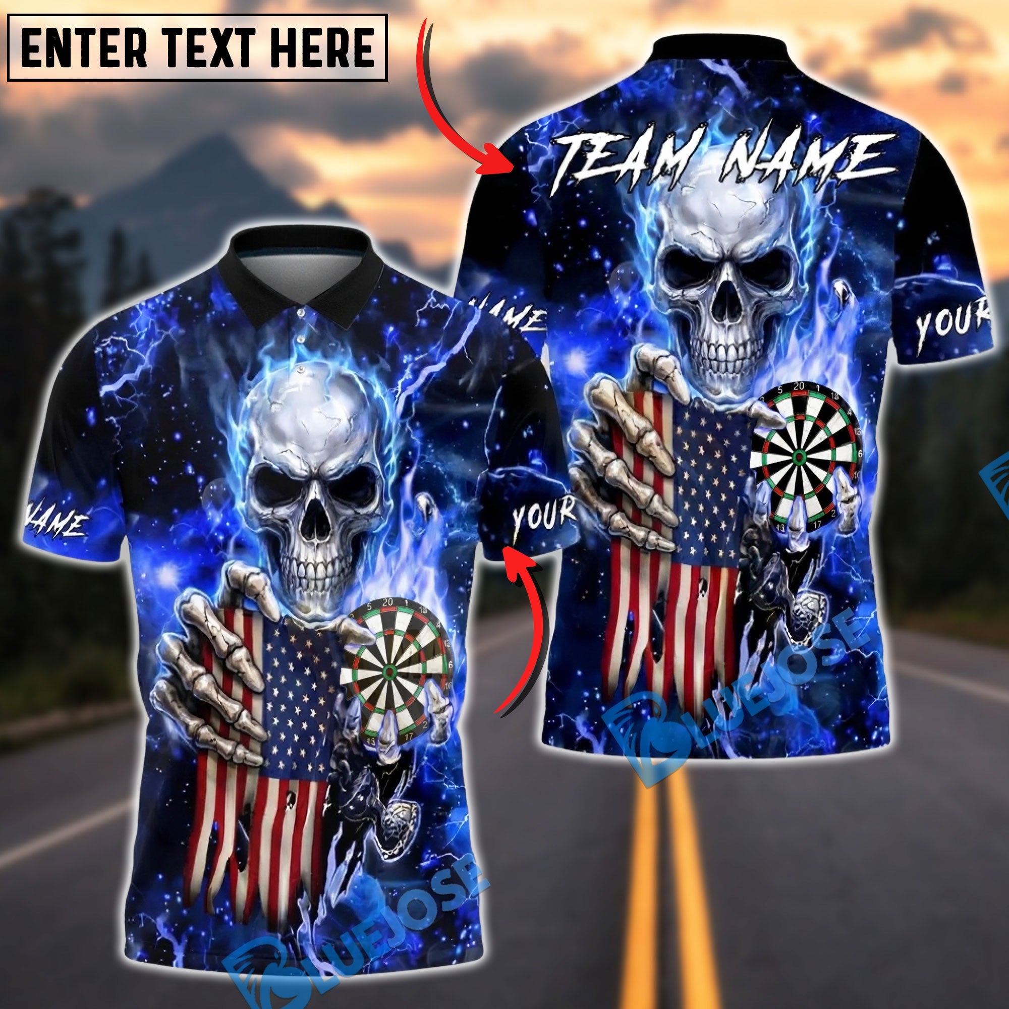 BlueJose Darts American Flag Skull Lightning Dartboard Dark Electric Personalized Name, Team Name Unisex Shirt (6 Colors)