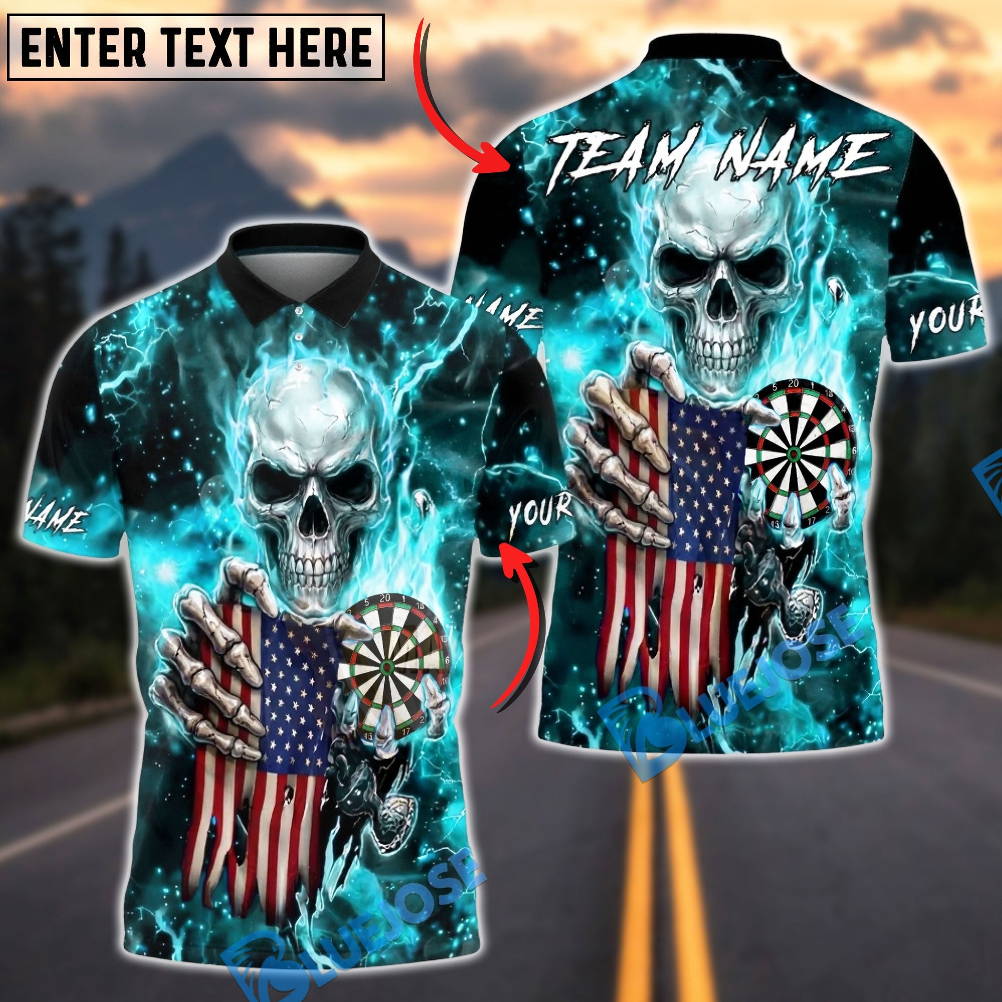 BlueJose Darts American Flag Skull Lightning Dartboard Dark Electric Personalized Name, Team Name Unisex Shirt (6 Colors)