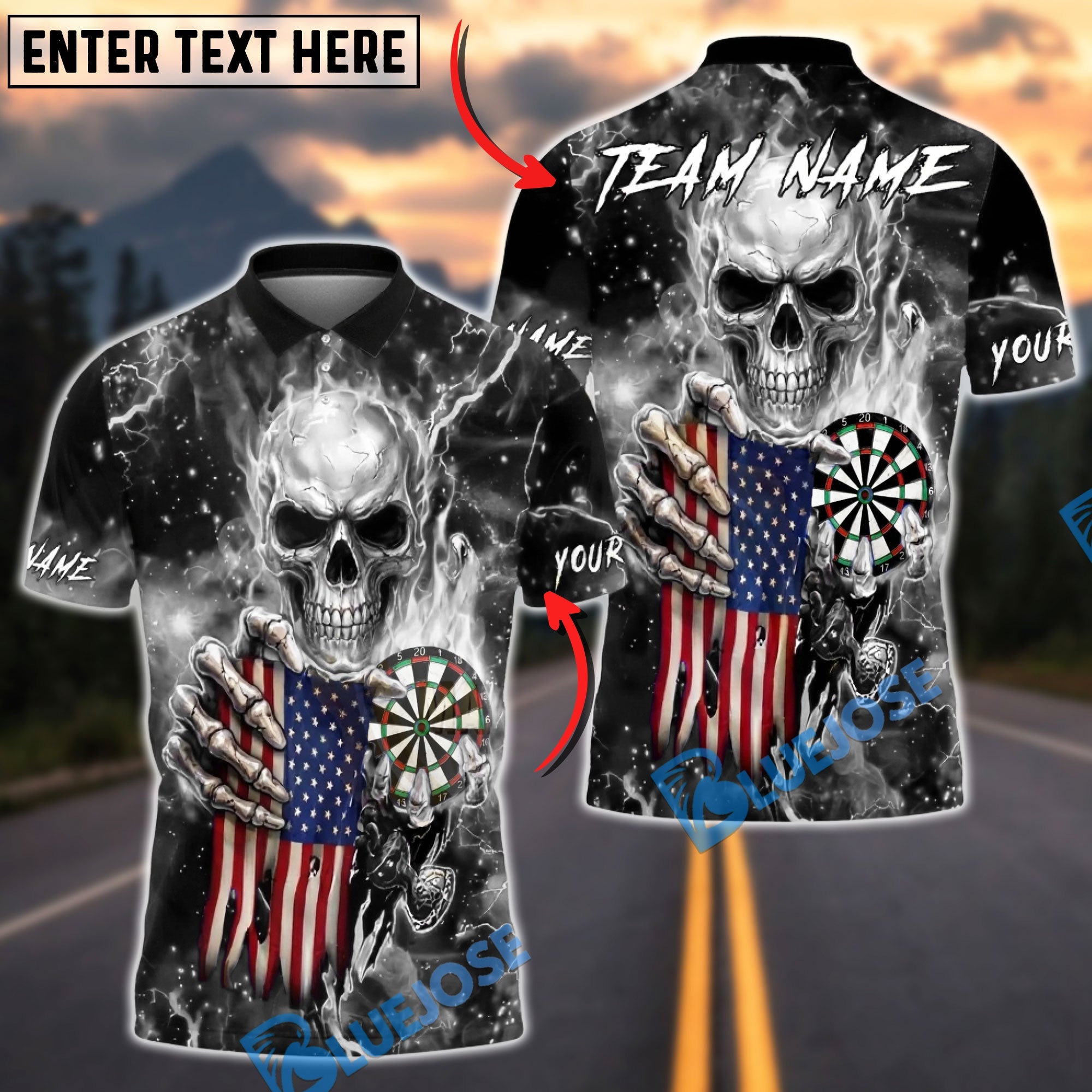 BlueJose Darts American Flag Skull Lightning Dartboard Dark Electric Personalized Name, Team Name Unisex Shirt (6 Colors)