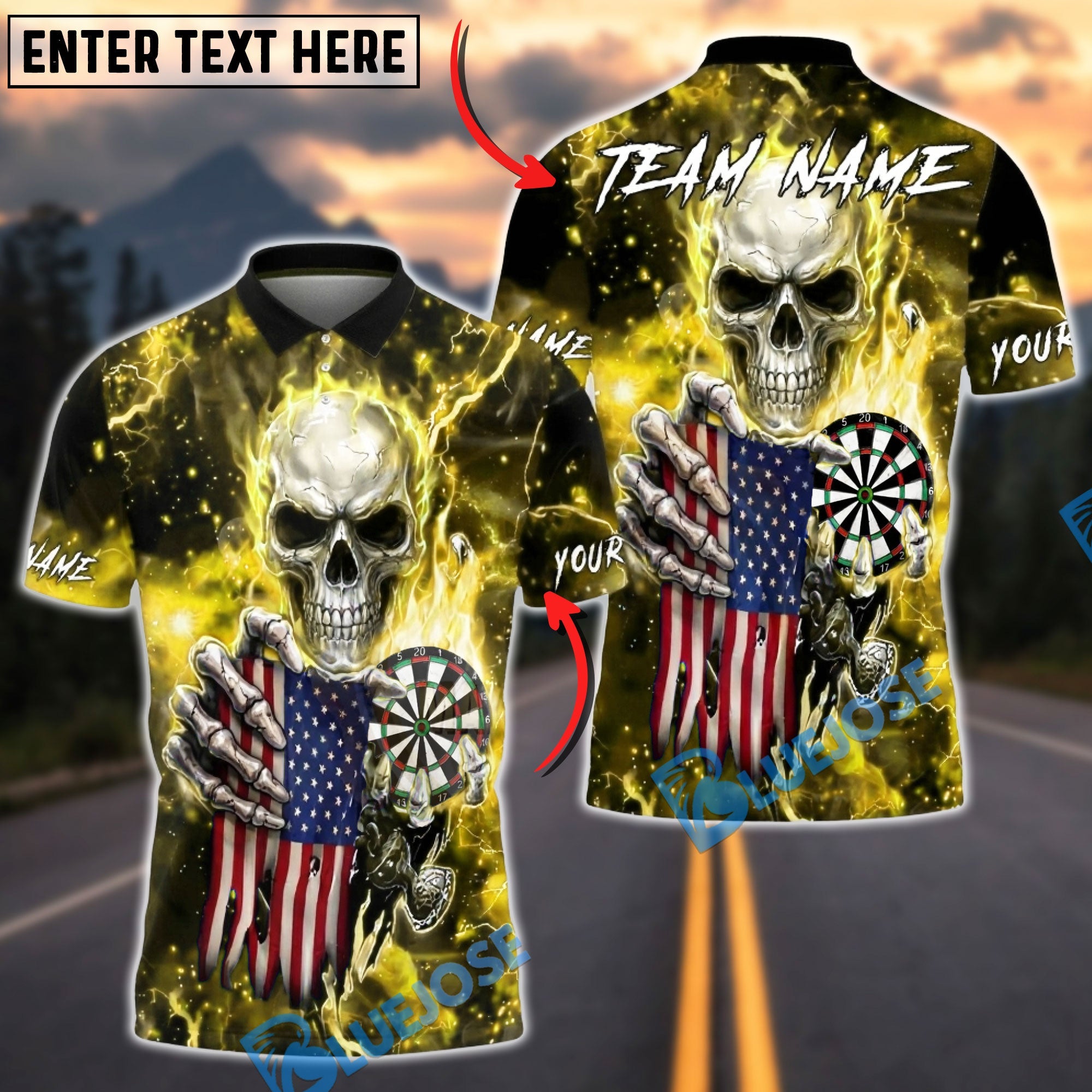 BlueJose Darts American Flag Skull Lightning Dartboard Dark Electric Personalized Name, Team Name Unisex Shirt (6 Colors)