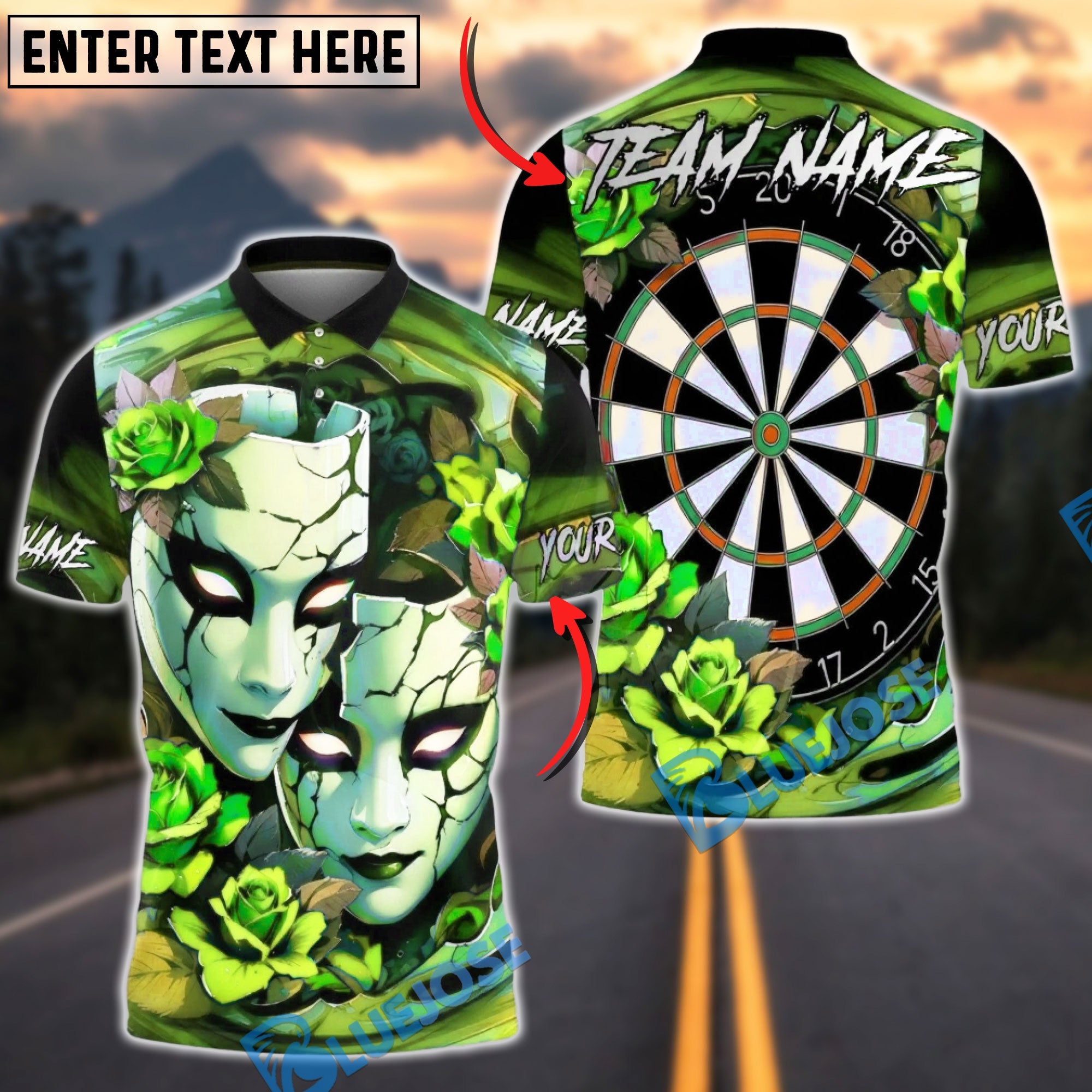 BlueJose Darts Gothic Mask Roses Dartboard Art Multicolor Options Personalized Name Shirt (4 Colors)