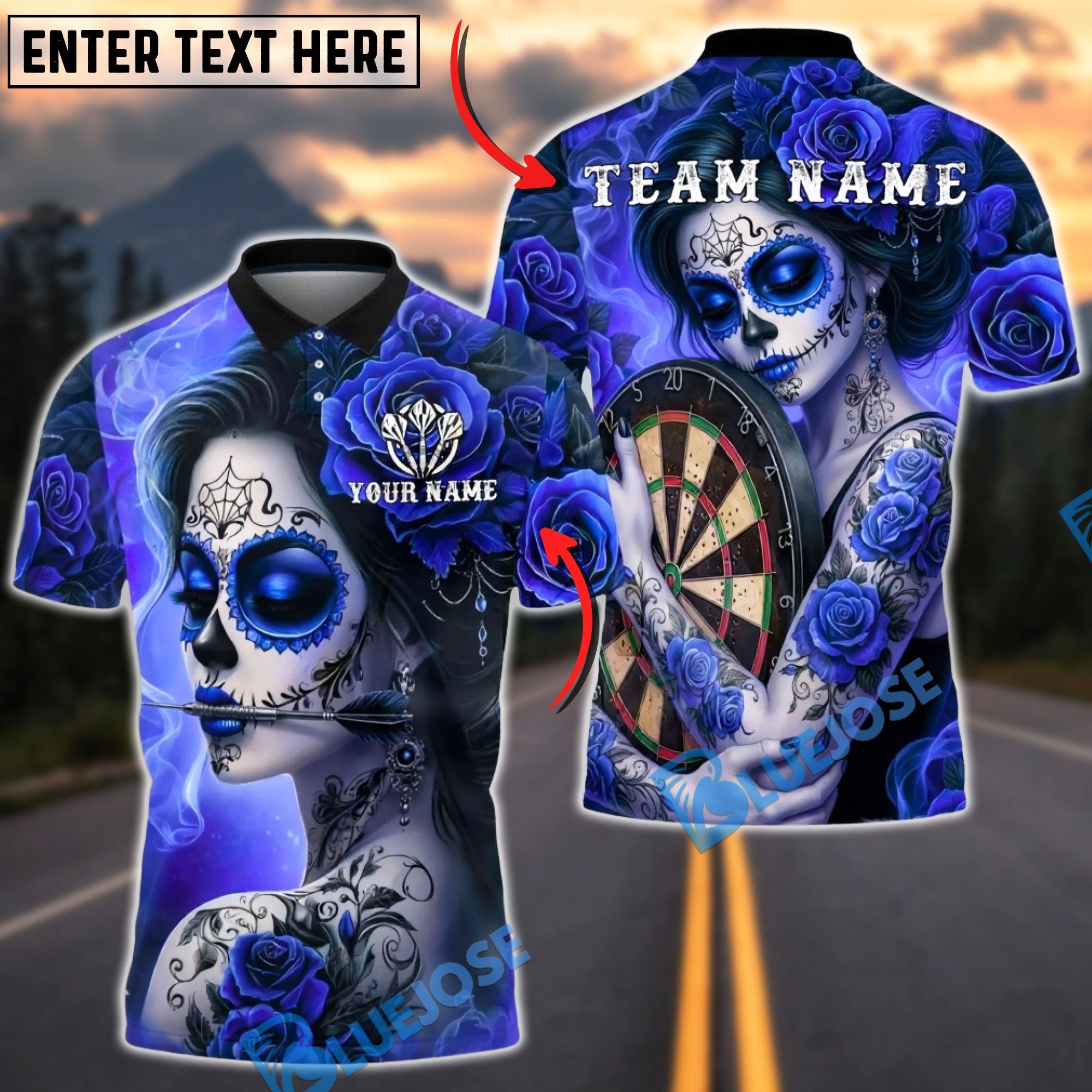 BlueJose Darts Sugar Skull Rose Tattoo Gothic Art Personalized Name, Team Name Unisex Shirt (4 Colors)