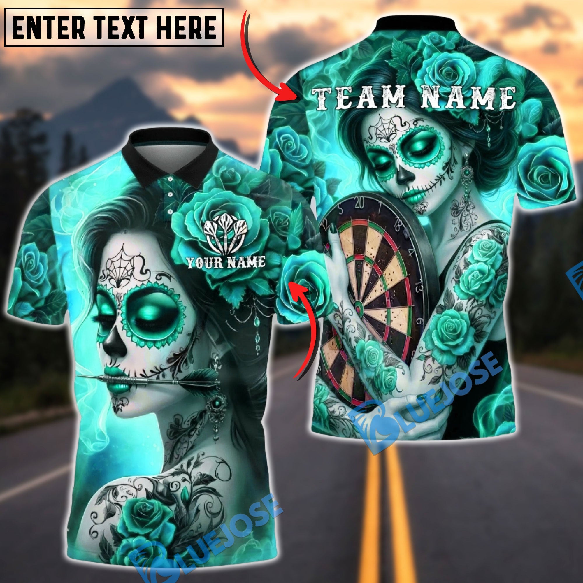 BlueJose Darts Sugar Skull Rose Tattoo Gothic Art Personalized Name, Team Name Unisex Shirt (4 Colors)