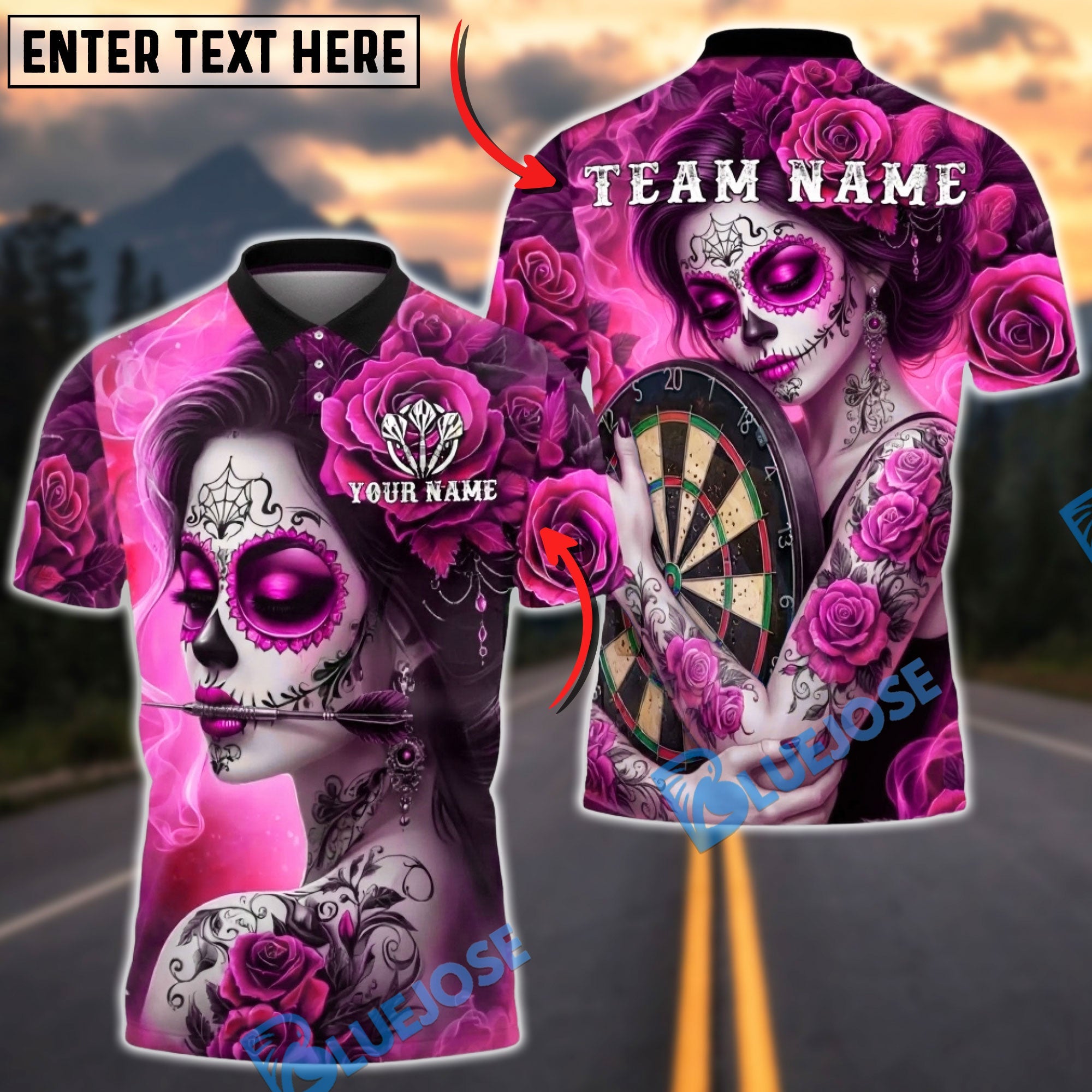 BlueJose Darts Sugar Skull Rose Tattoo Gothic Art Personalized Name, Team Name Unisex Shirt (4 Colors)