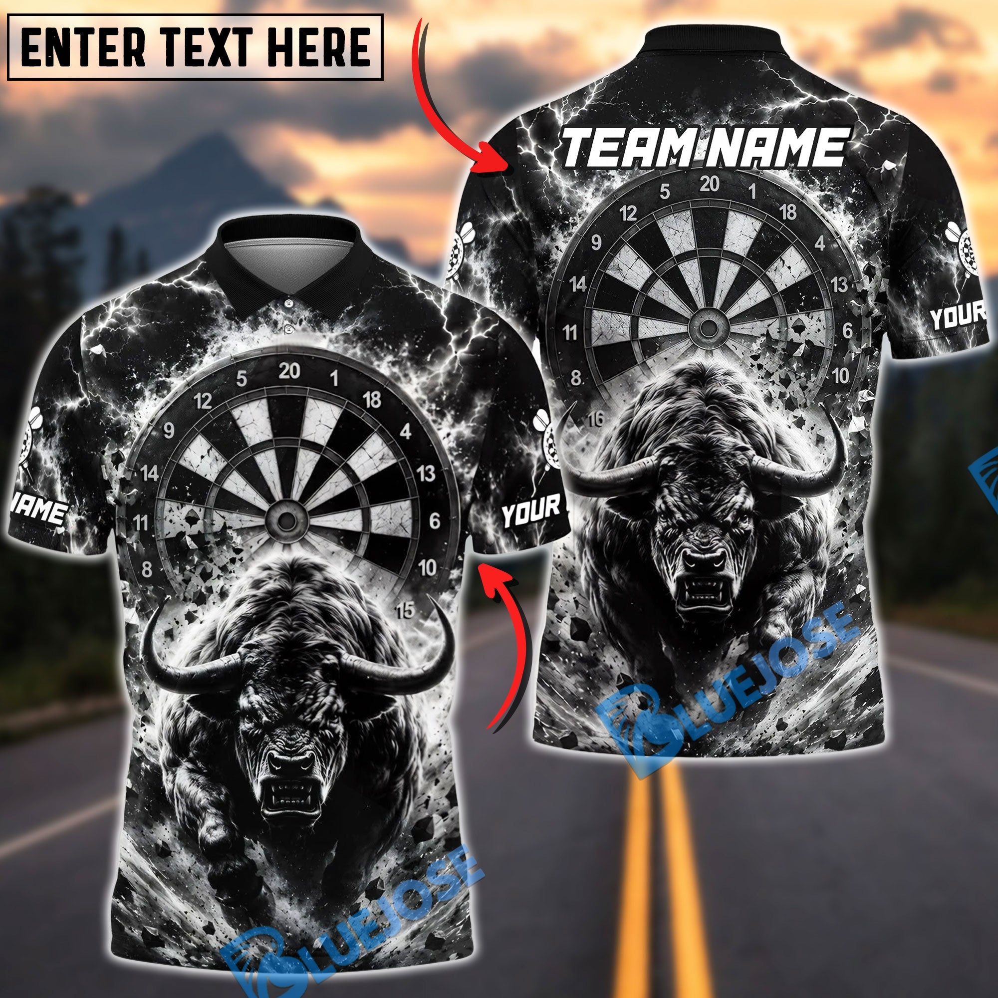 BlueJose Darts Bull Dartboard Lightning Storm Black White Personalized Name Shirt