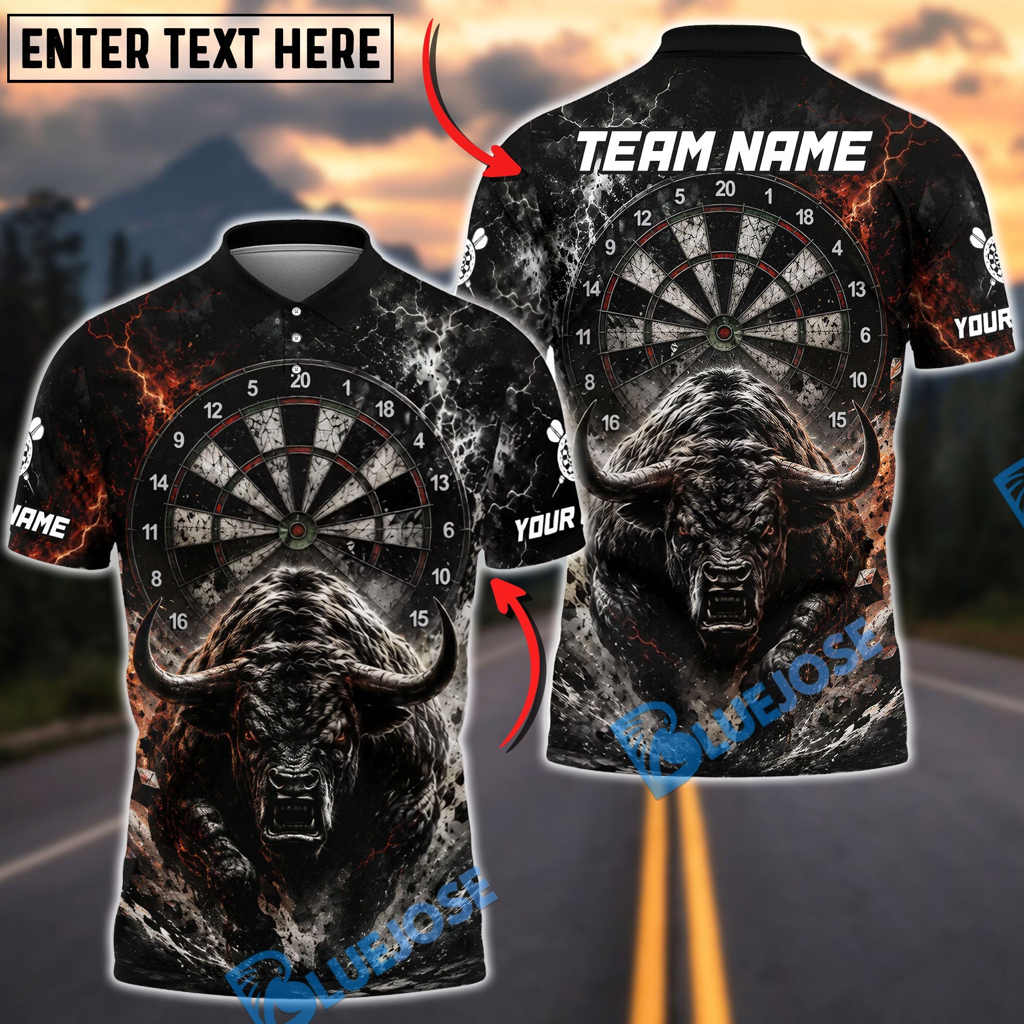 BlueJose Darts Bull Dartboard Lava Fire Dark Power Personalized Name Shirt