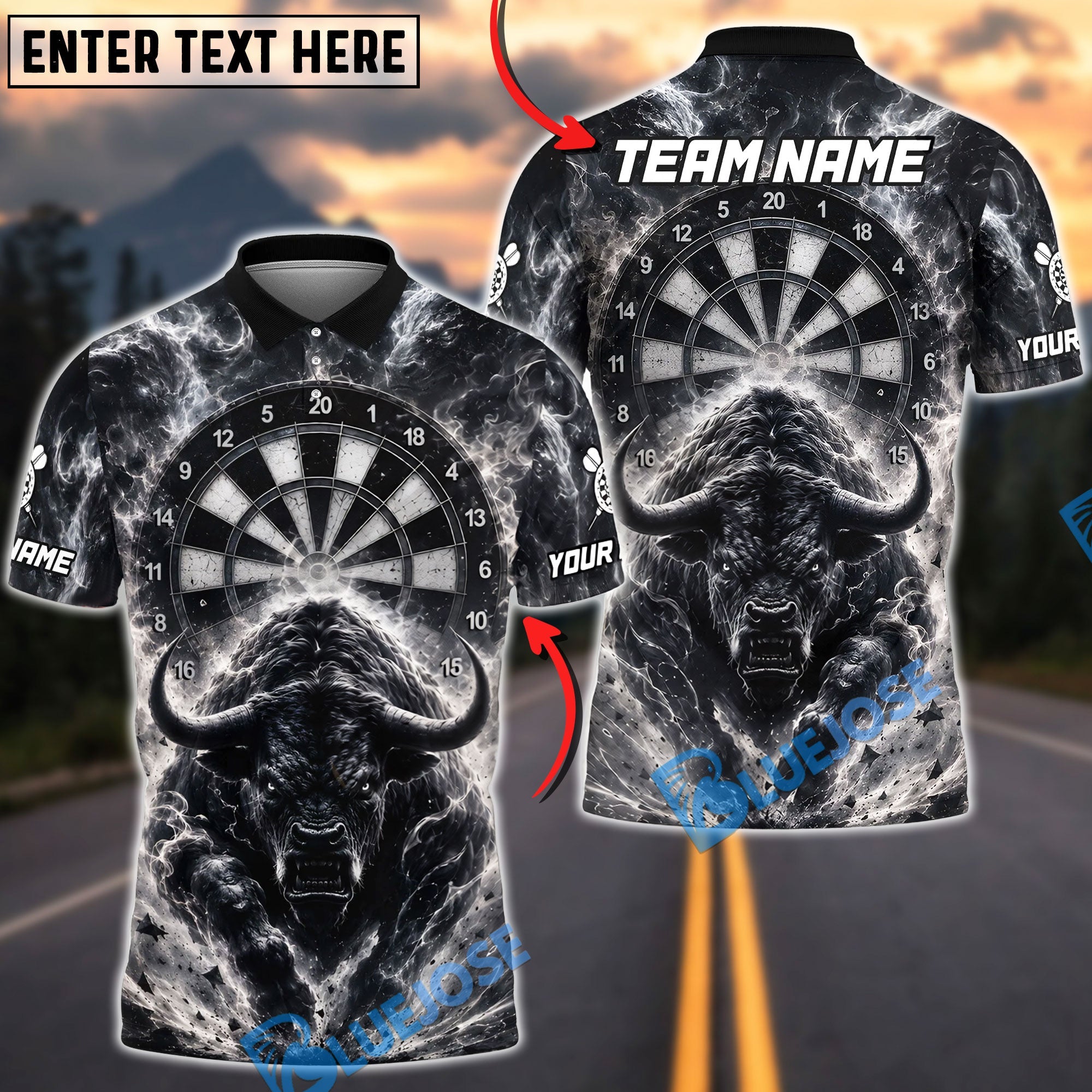 BlueJose Darts Bull Dartboard Smoke Thunder Monochrome Personalized Name Shirt