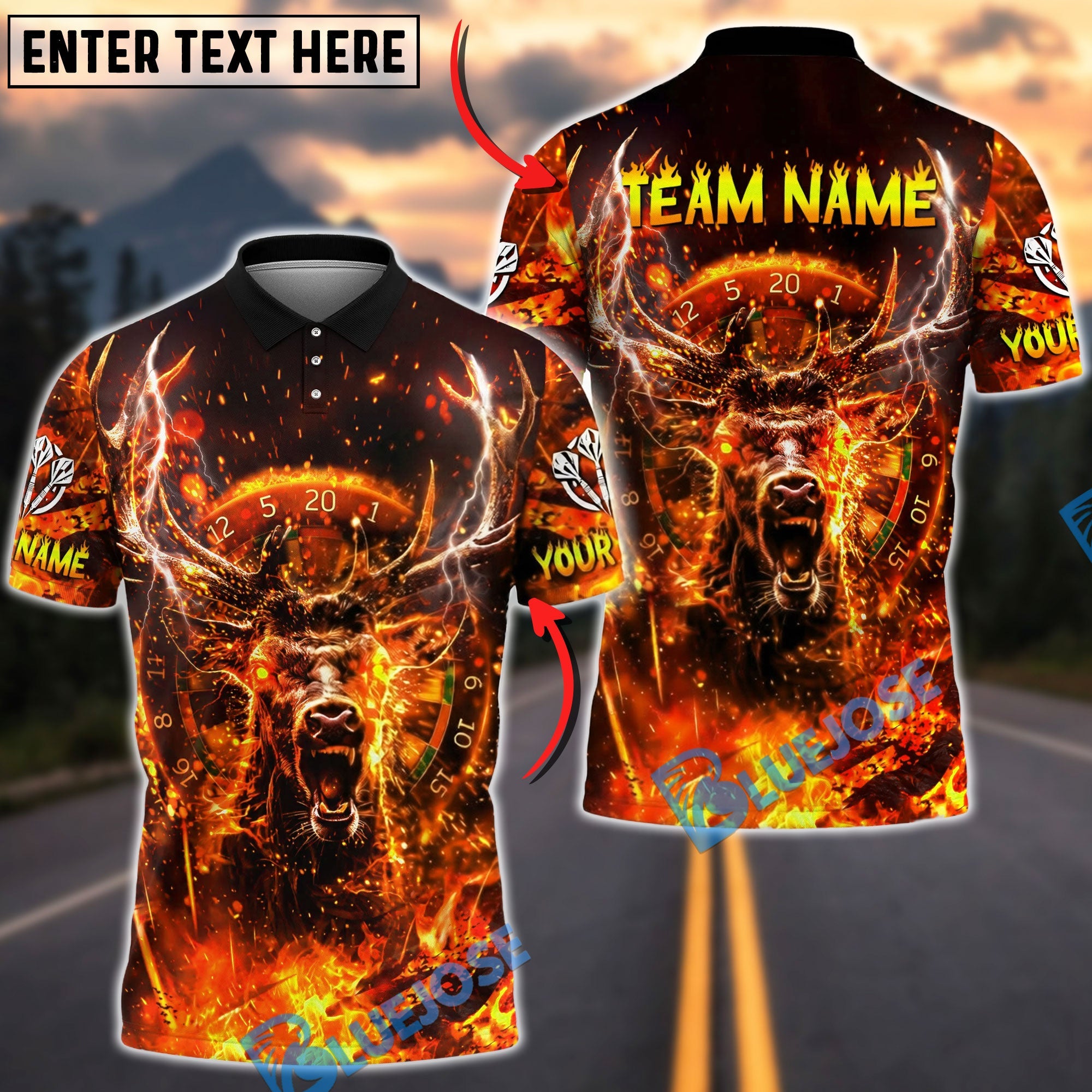BlueJose Darts Deer Fiery Lightning Personalized Name, Team Name Unisex Shirt (4 Colors)