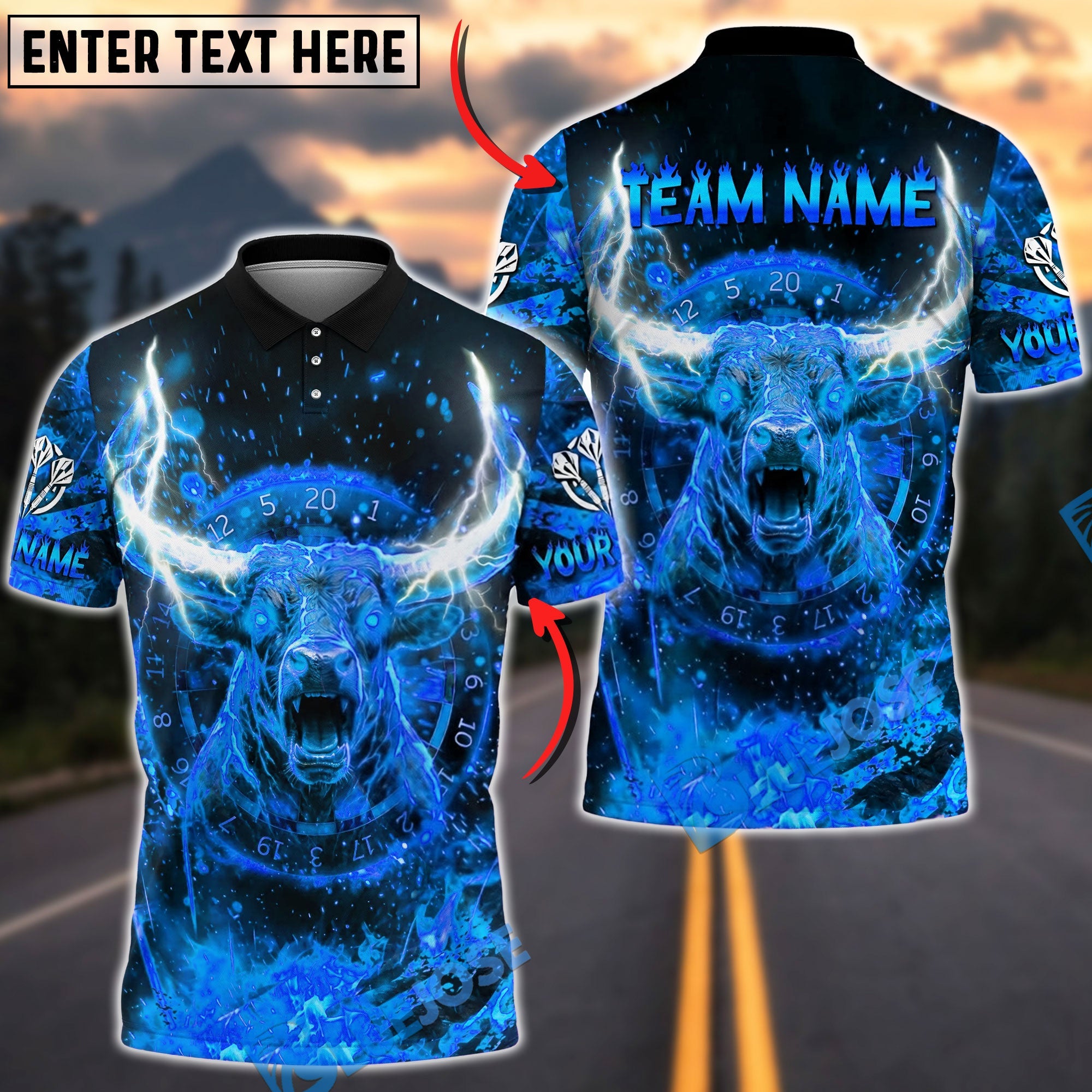 BlueJose Darts Bull Blazing Fire Personalized Name, Team Name Unisex Shirt (4 Colors)
