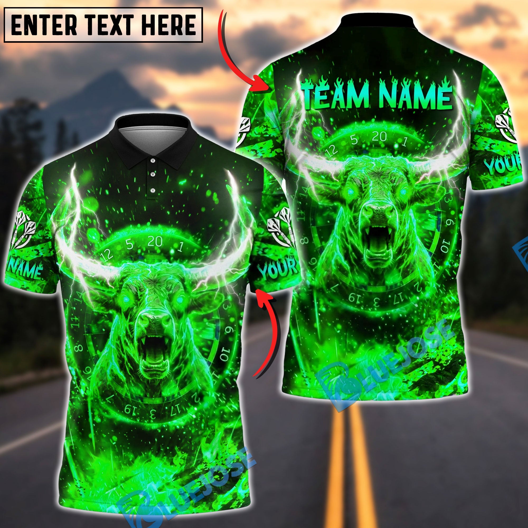 BlueJose Darts Bull Blazing Fire Personalized Name, Team Name Unisex Shirt (4 Colors)