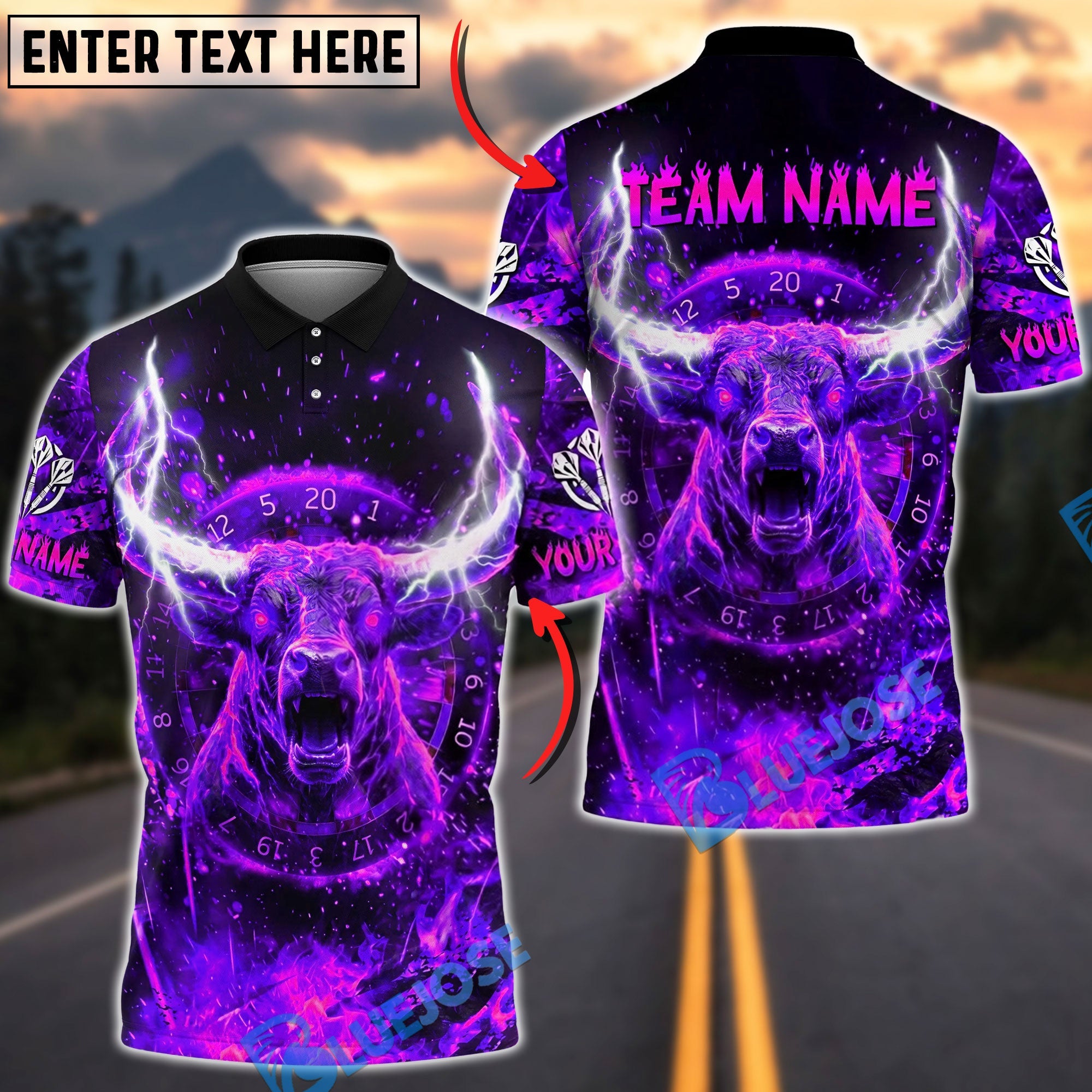 BlueJose Darts Bull Blazing Fire Personalized Name, Team Name Unisex Shirt (4 Colors)
