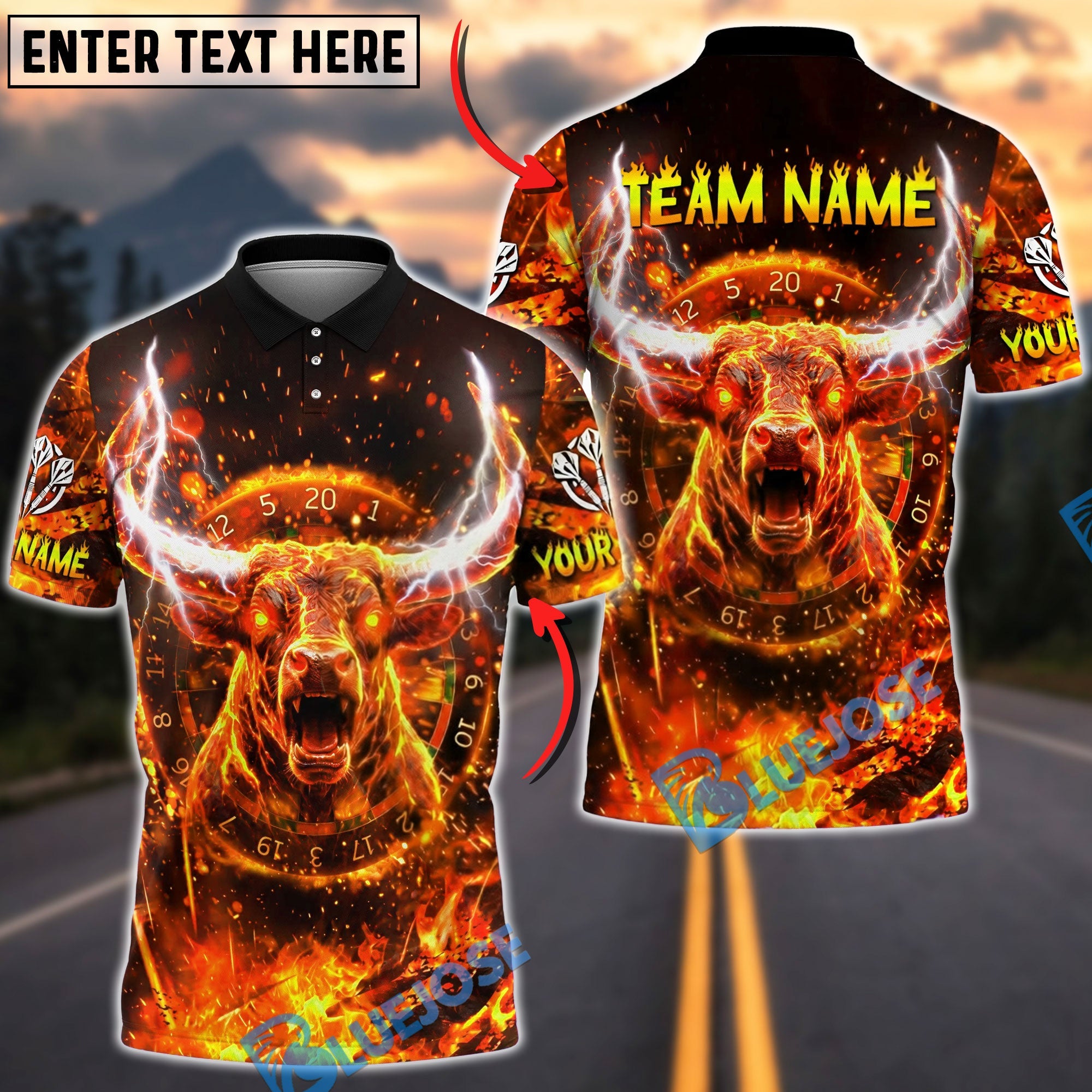 BlueJose Darts Bull Blazing Fire Personalized Name, Team Name Unisex Shirt (4 Colors)