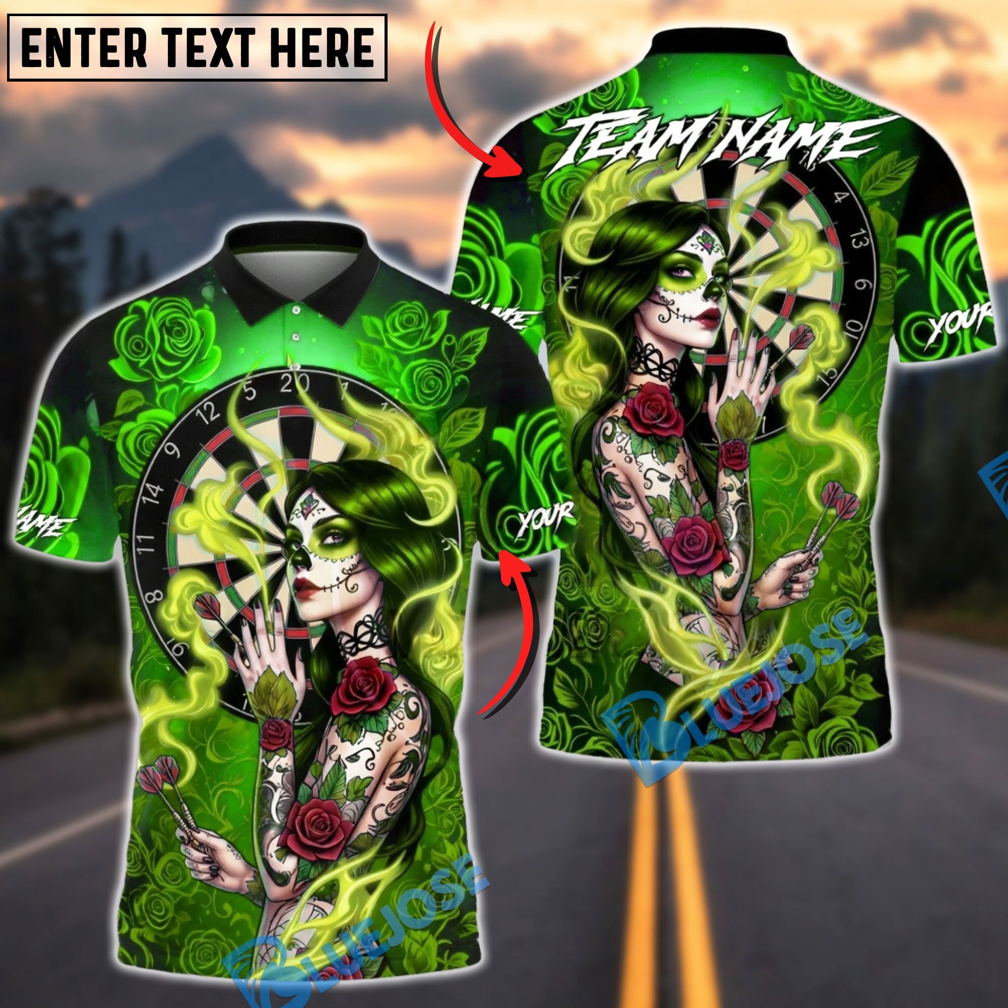 BlueJose Darts Gothic Sugar Skull Rose Smoke Multicolor Options Personalized Name Shirt (4 Colors)