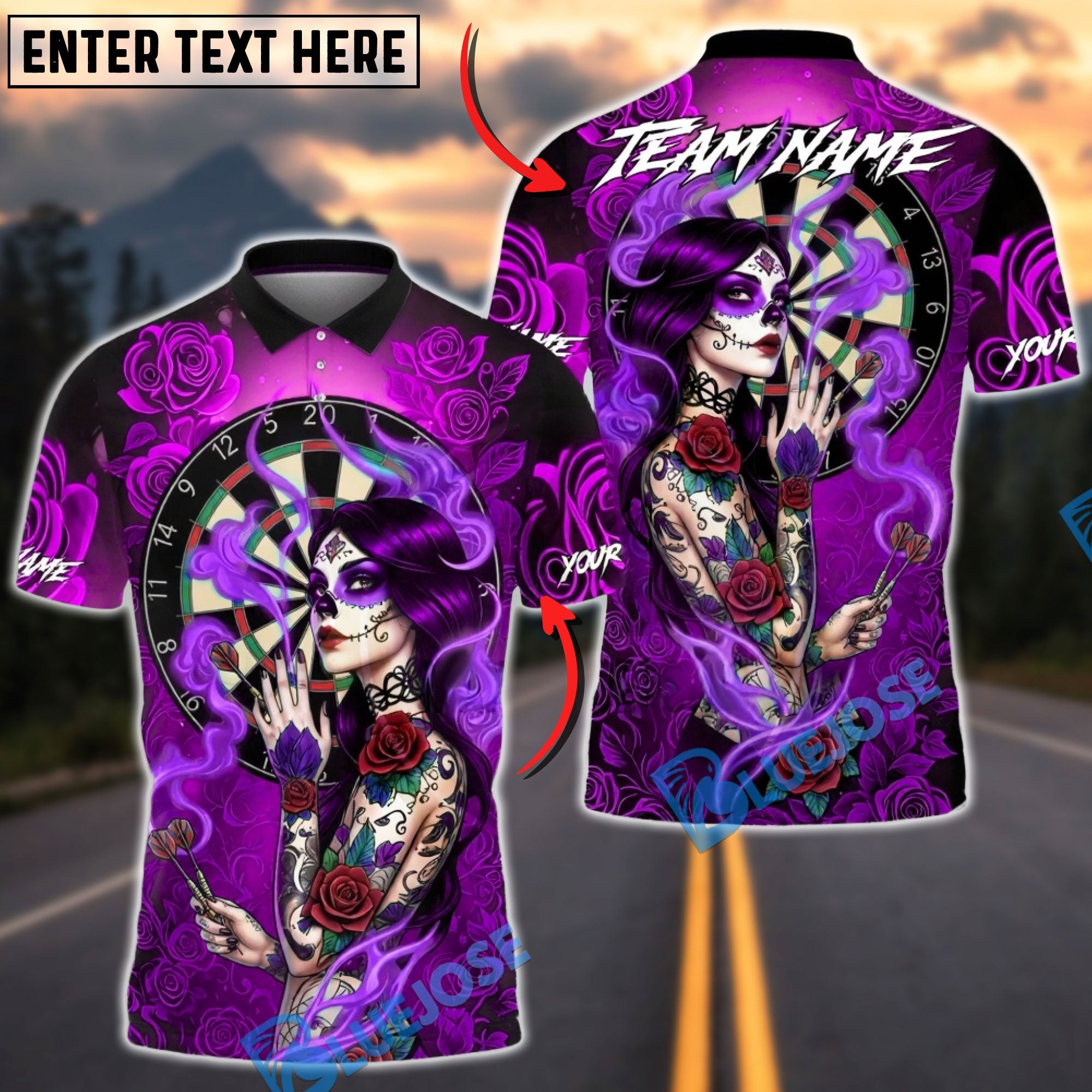 BlueJose Darts Gothic Sugar Skull Rose Smoke Multicolor Options Personalized Name Shirt (4 Colors)