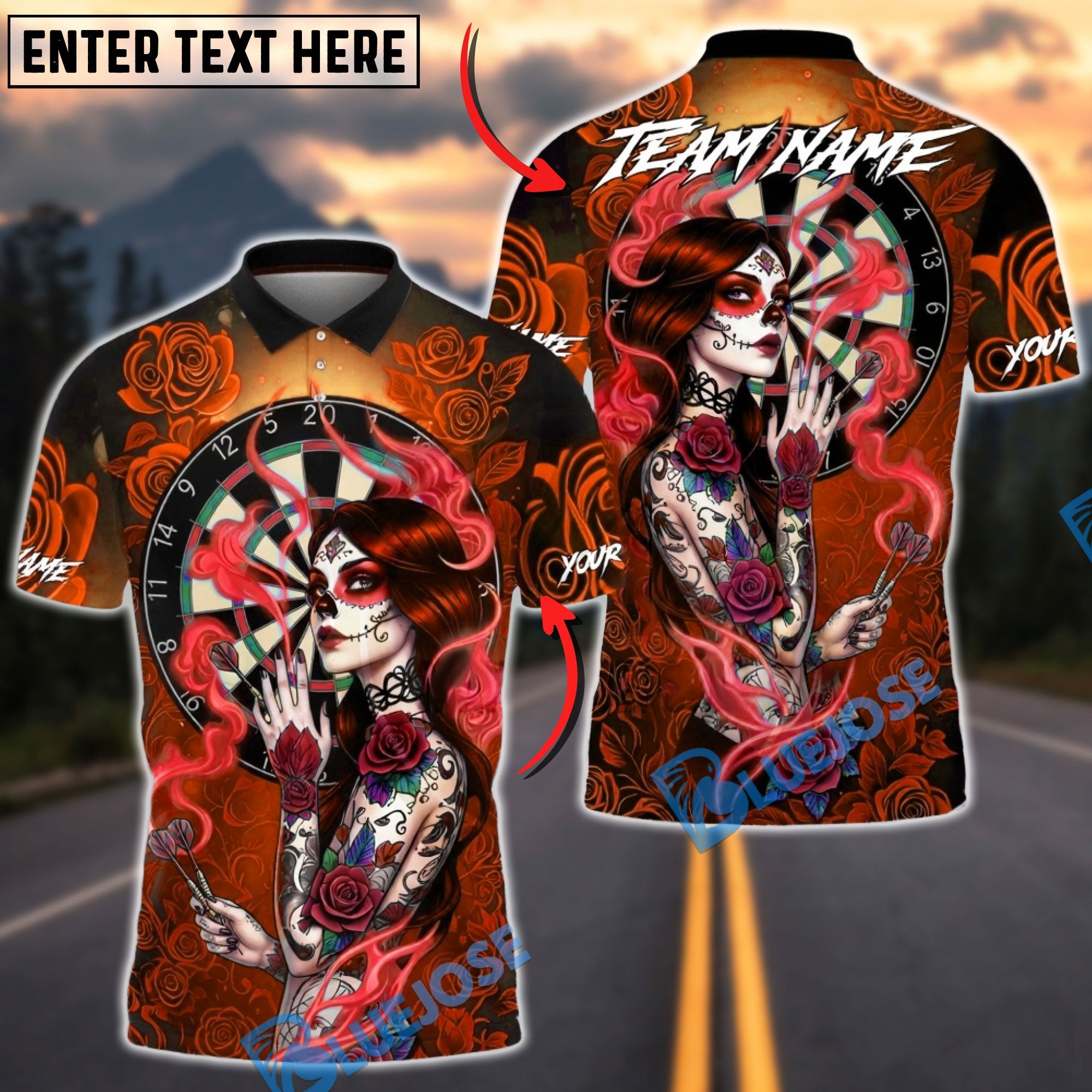 BlueJose Darts Gothic Sugar Skull Rose Smoke Multicolor Options Personalized Name Shirt (4 Colors)