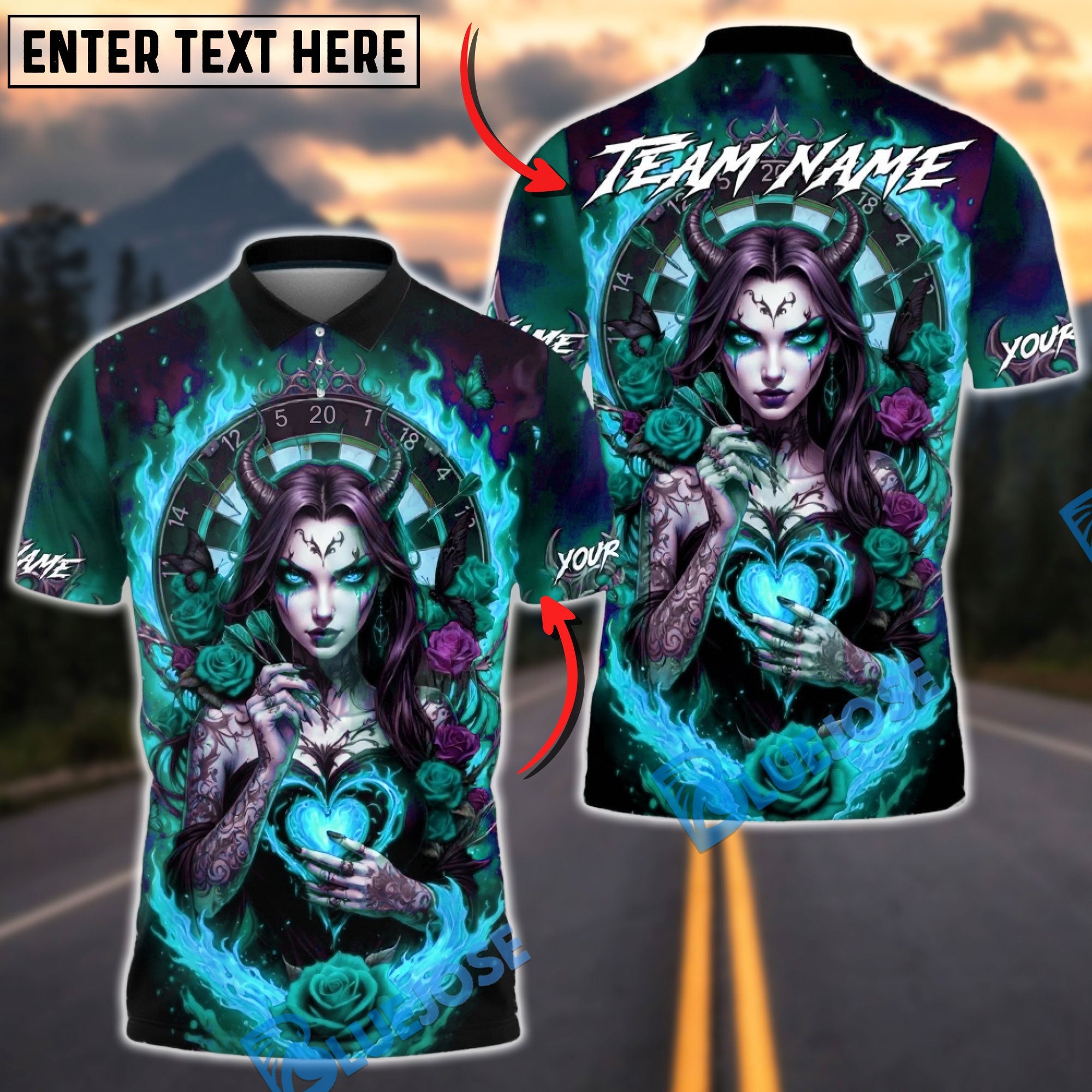 BlueJose Darts Dark Demon Fire Heart Gothic Multicolor Options Personalized Name Shirt (4 Colors)