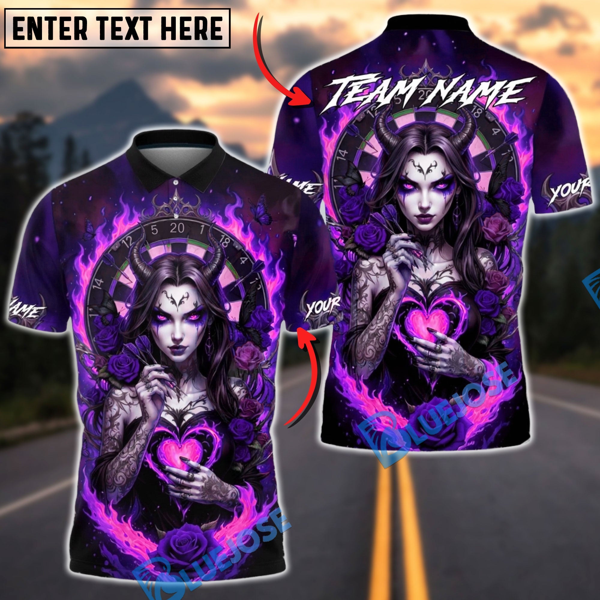 BlueJose Darts Dark Demon Fire Heart Gothic Multicolor Options Personalized Name Shirt (4 Colors)
