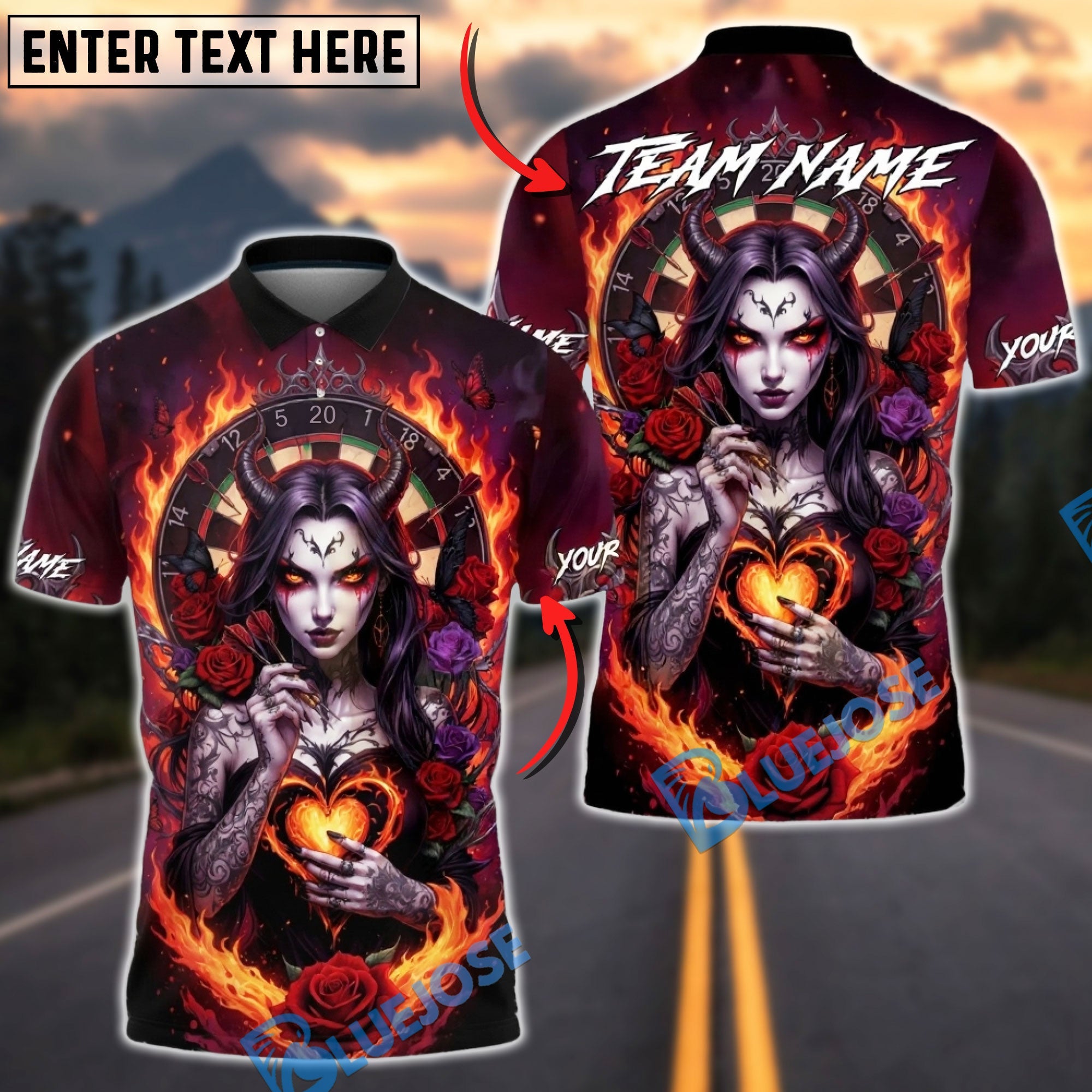 BlueJose Darts Dark Demon Fire Heart Gothic Multicolor Options Personalized Name Shirt (4 Colors)