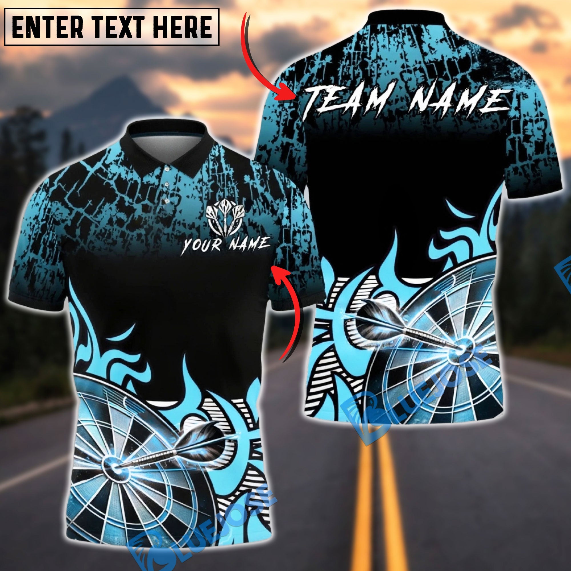 BlueJose Darts Tribal Flame Dartboard Impact Multicolor Options Personalized Name Shirt (4 Colors)