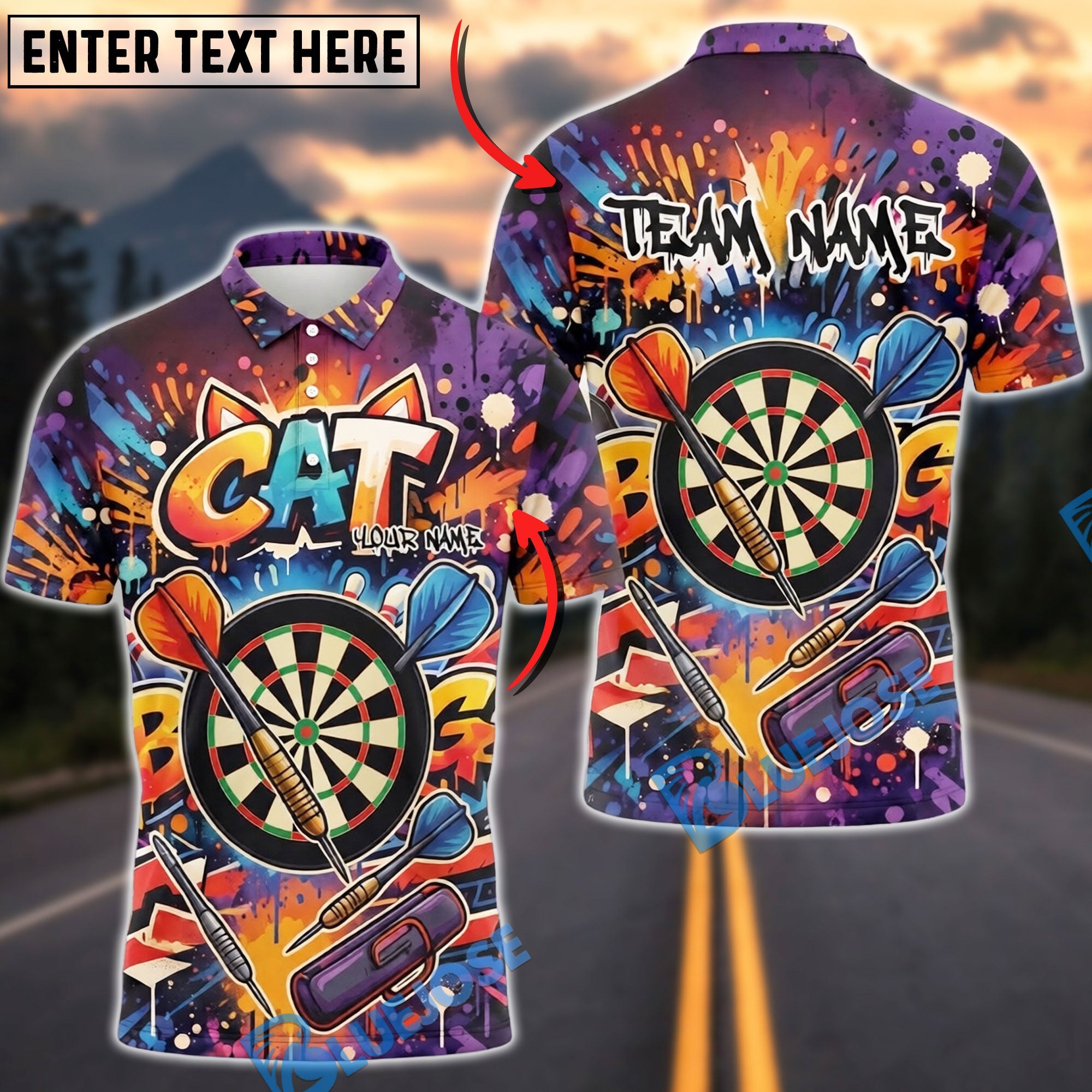 BlueJose Darts Cat Graffiti Dartboard Personalized Name Shirt