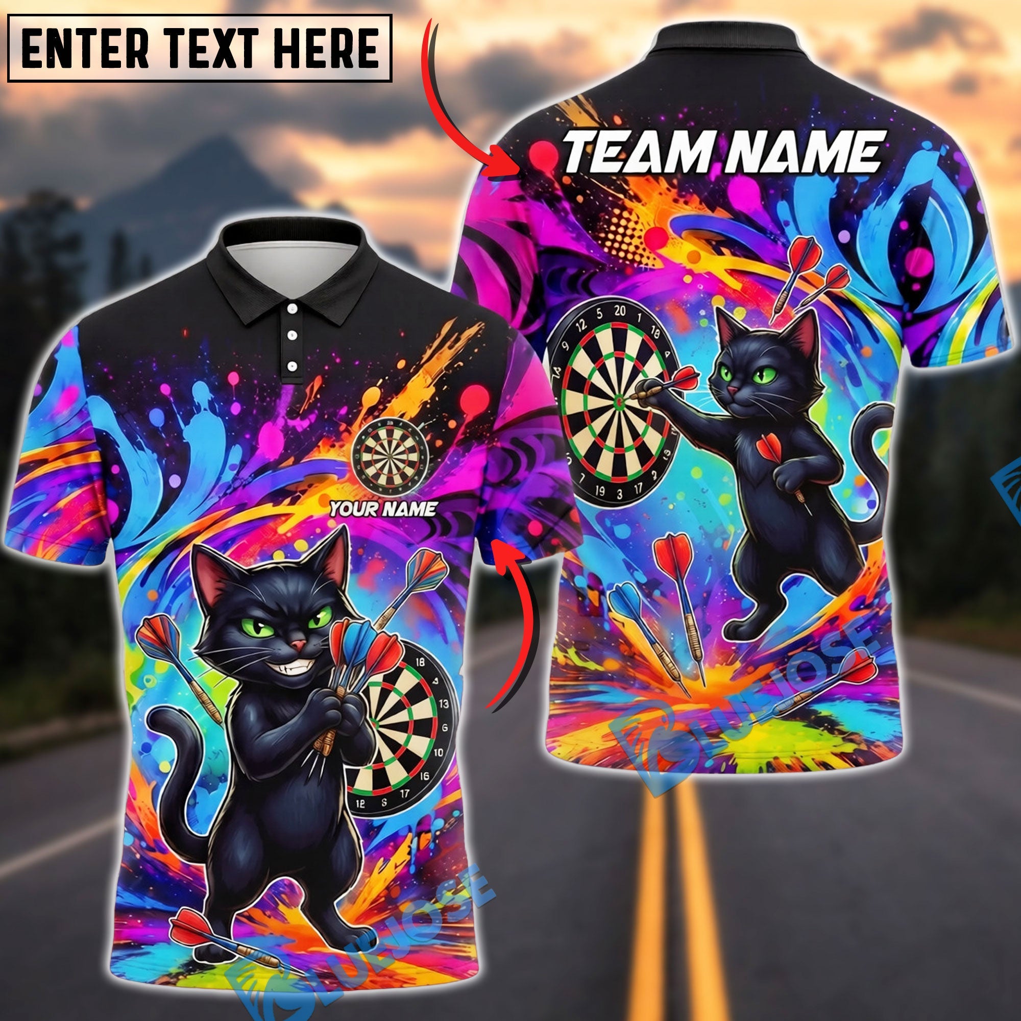 BlueJose Darts Color Splash Black Cat Personalized Name Shirt